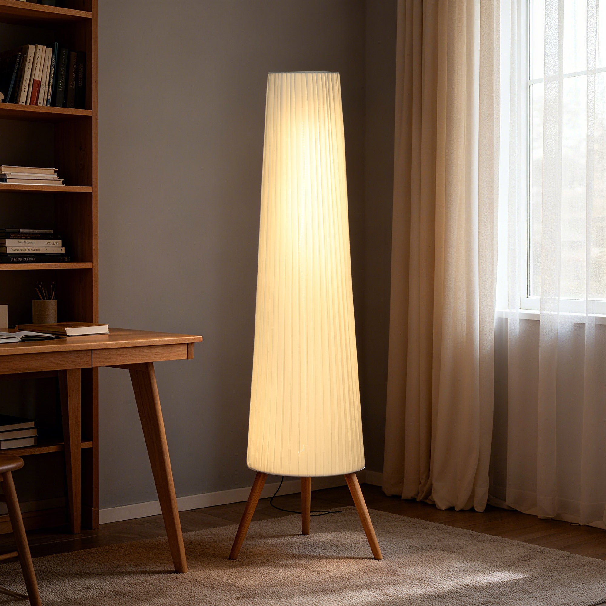 Dimmable Tripod Floor Lamp with Foot Switch, Nordic Standing Lamp with Wood Legs and Fabric Shade for Living Room, Bedroom, Office, 153cm, White