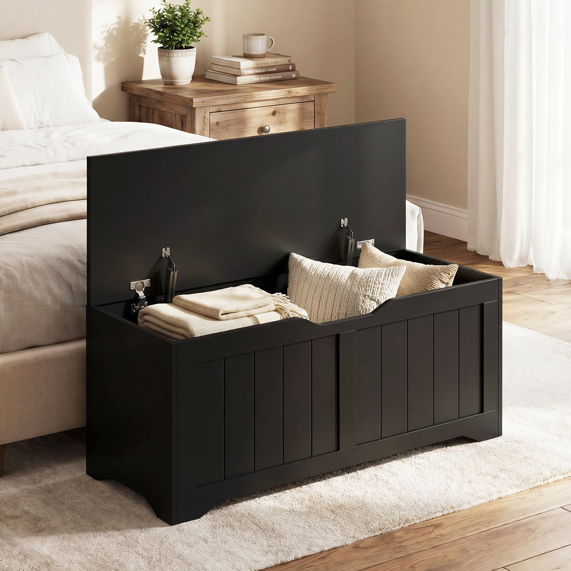 Storage Chest, Modern Storage Trunk with 2 Safety Hinges and Handle-Free Design, Storage Bench for Living Room, Shoe Bench for Entryway, 39.4" x 15.7" x 17.7", Black
