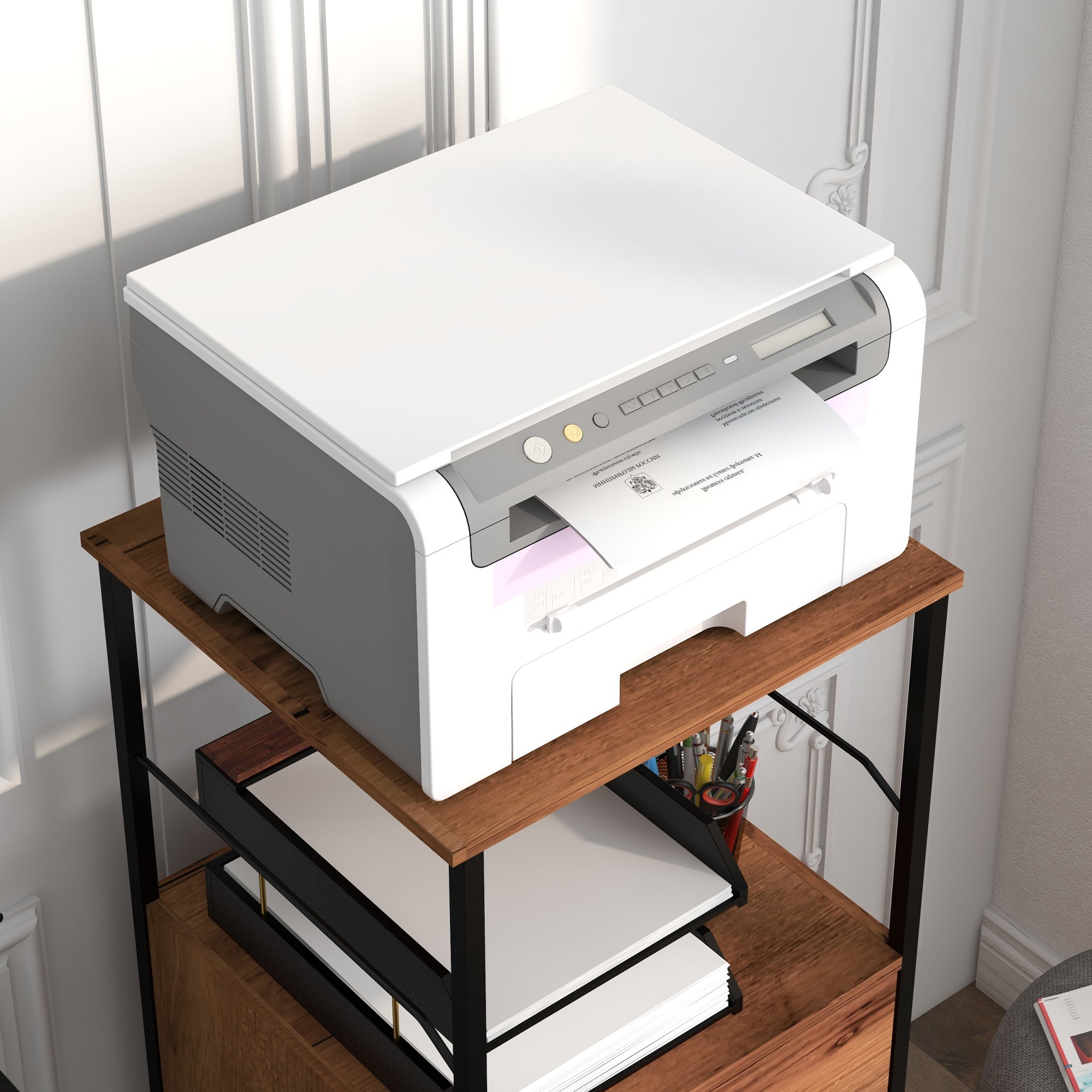 Vinsetto Vertical Filing Cabinet, 42.5" Tall File Cabinet with 2 Drawers, Open Shelf, Hanging Bars for Letter and A4 Size, Industrial Printer Stand for Home Office, Rustic Brown