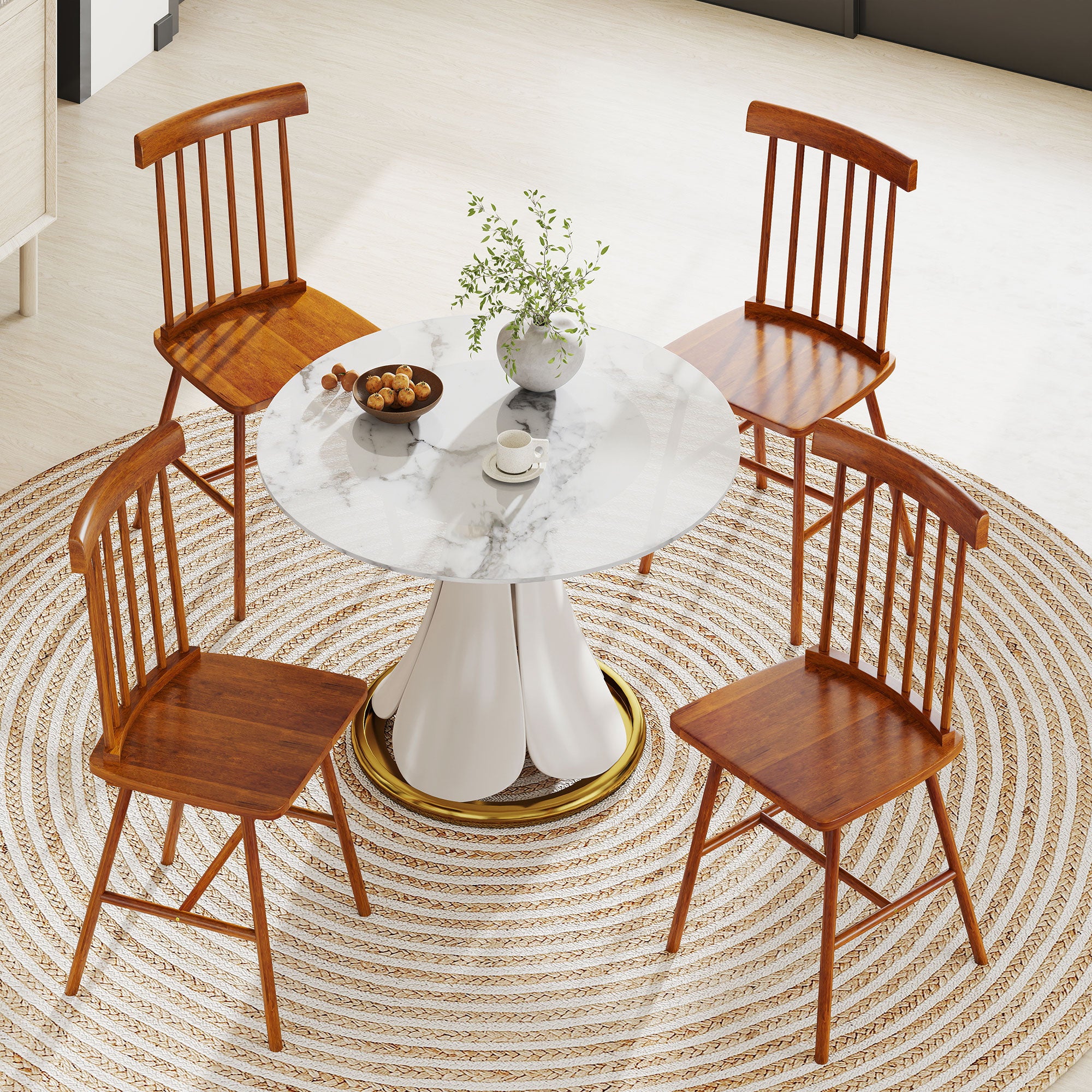 Windsor Dining Chairs Set of 4, Farmhouse Wooden Kitchen Chairs with Rubber Wood Frame and Spindle Backrest for Dining & Living Room, Light Brown