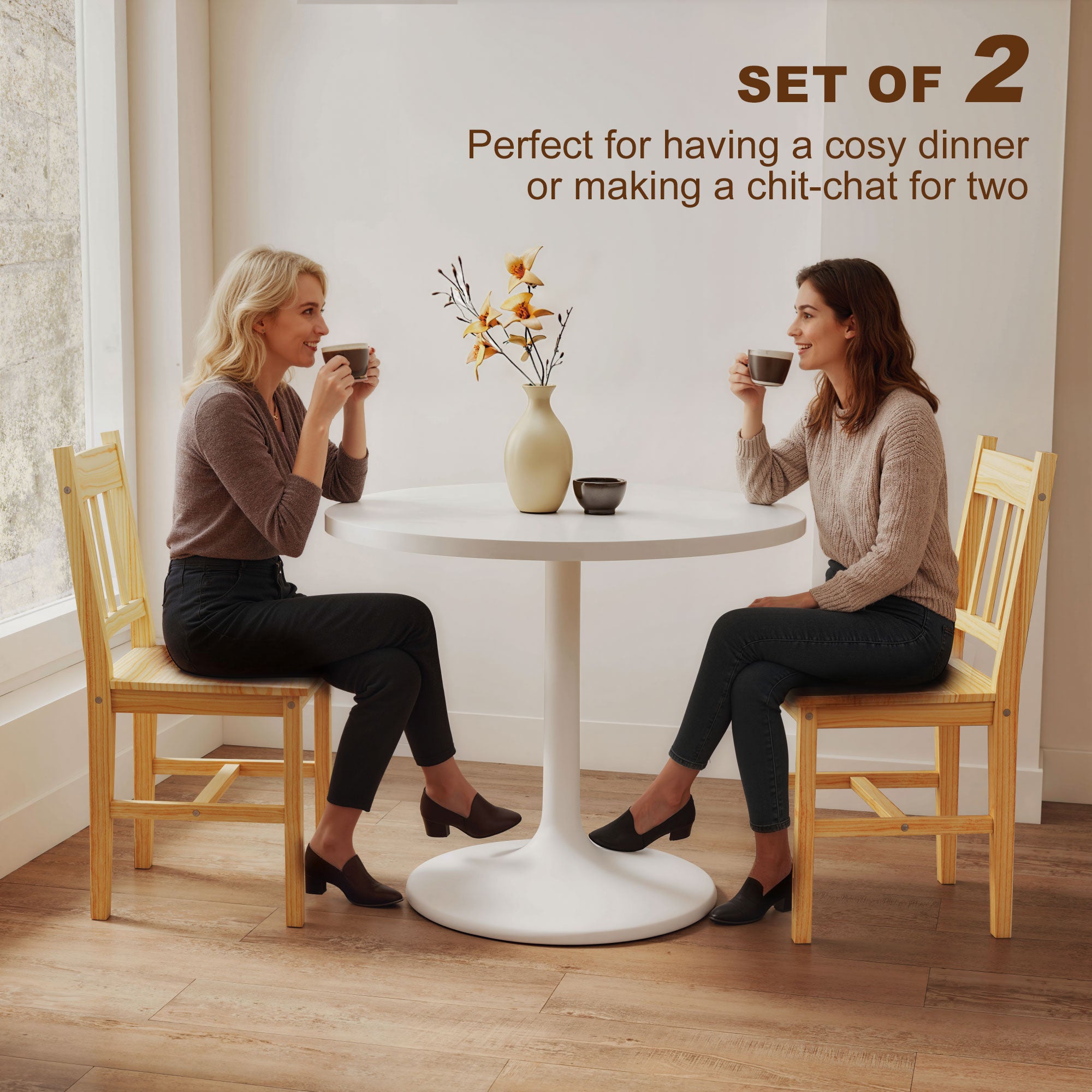 Dining Chairs Set of 2, Kitchen Chair with Slat Back, Pine Wood Structure for Living Room and Dining Room, Natural Wood Finish