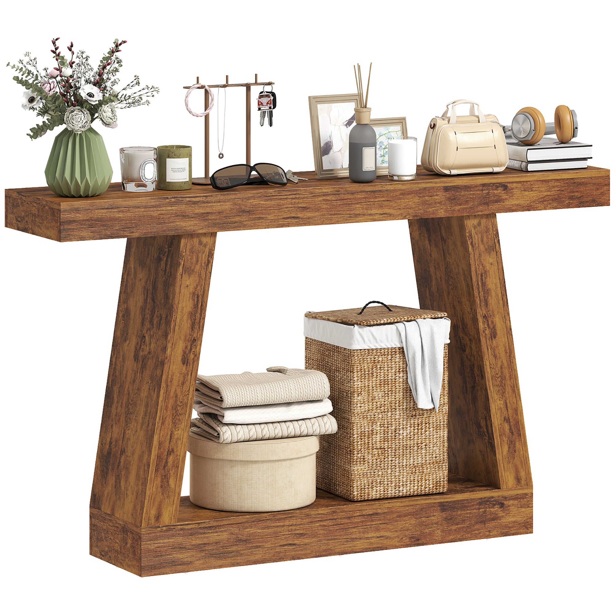 55" Farmhouse Console Table, 2-Tier Entryway Table with Storage and Thickened Tabletop for Hallway, Living Room, Entrance, Behind Couch, Dark Brown