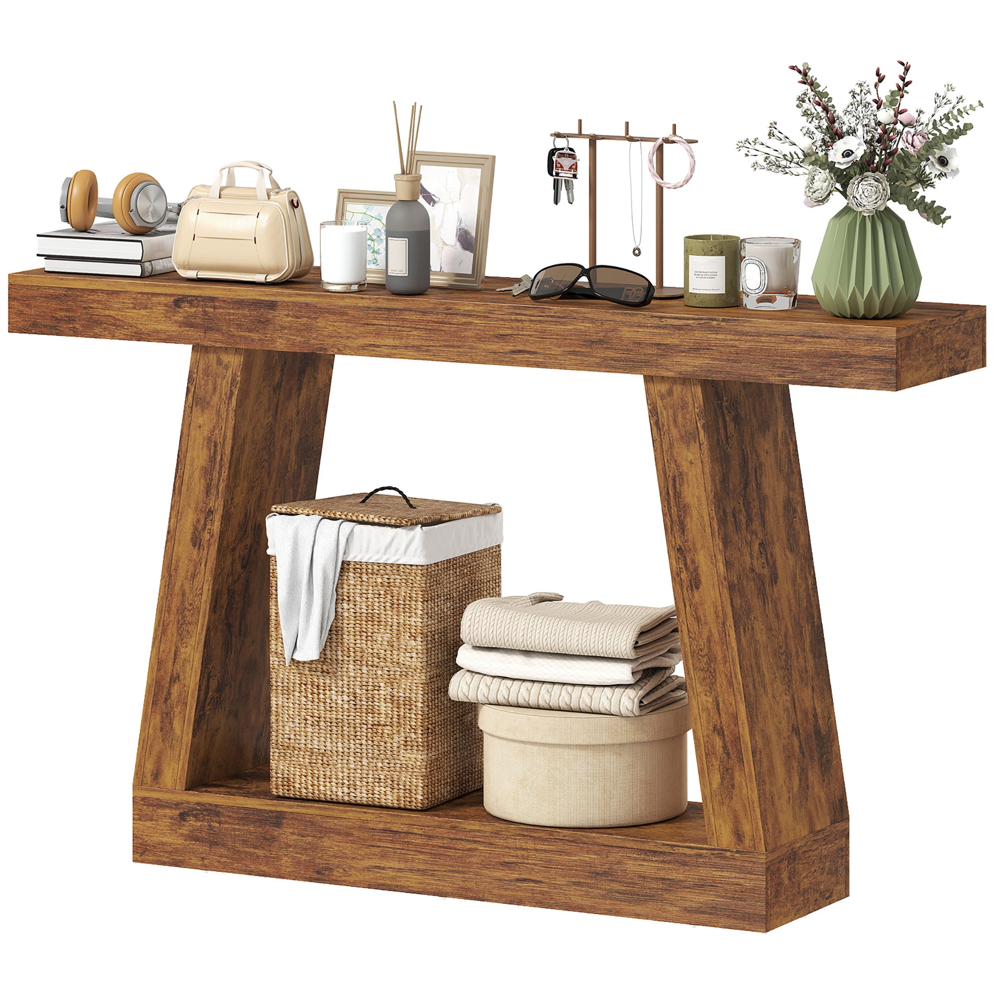 55" Farmhouse Console Table, 2-Tier Entryway Table with Storage and Thickened Tabletop for Hallway, Living Room, Entrance, Behind Couch, Dark Brown