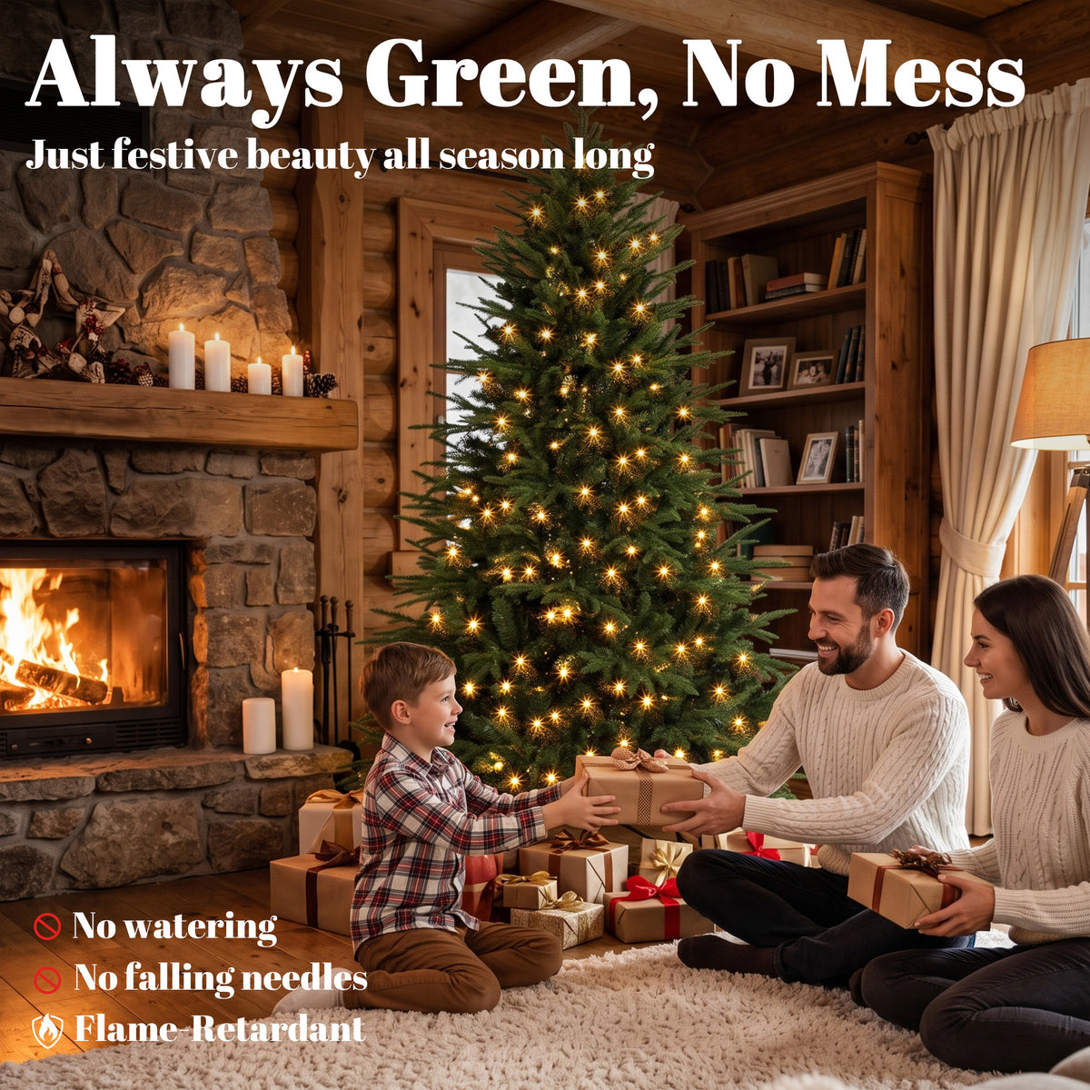 6ft Prelit Christmas Tree, Wide Spruce, Artificial Hinged Xmas Tree with 300 Warm White LED Lights, 2345 Tips, Foldable Metal Stand for Holiday, Green