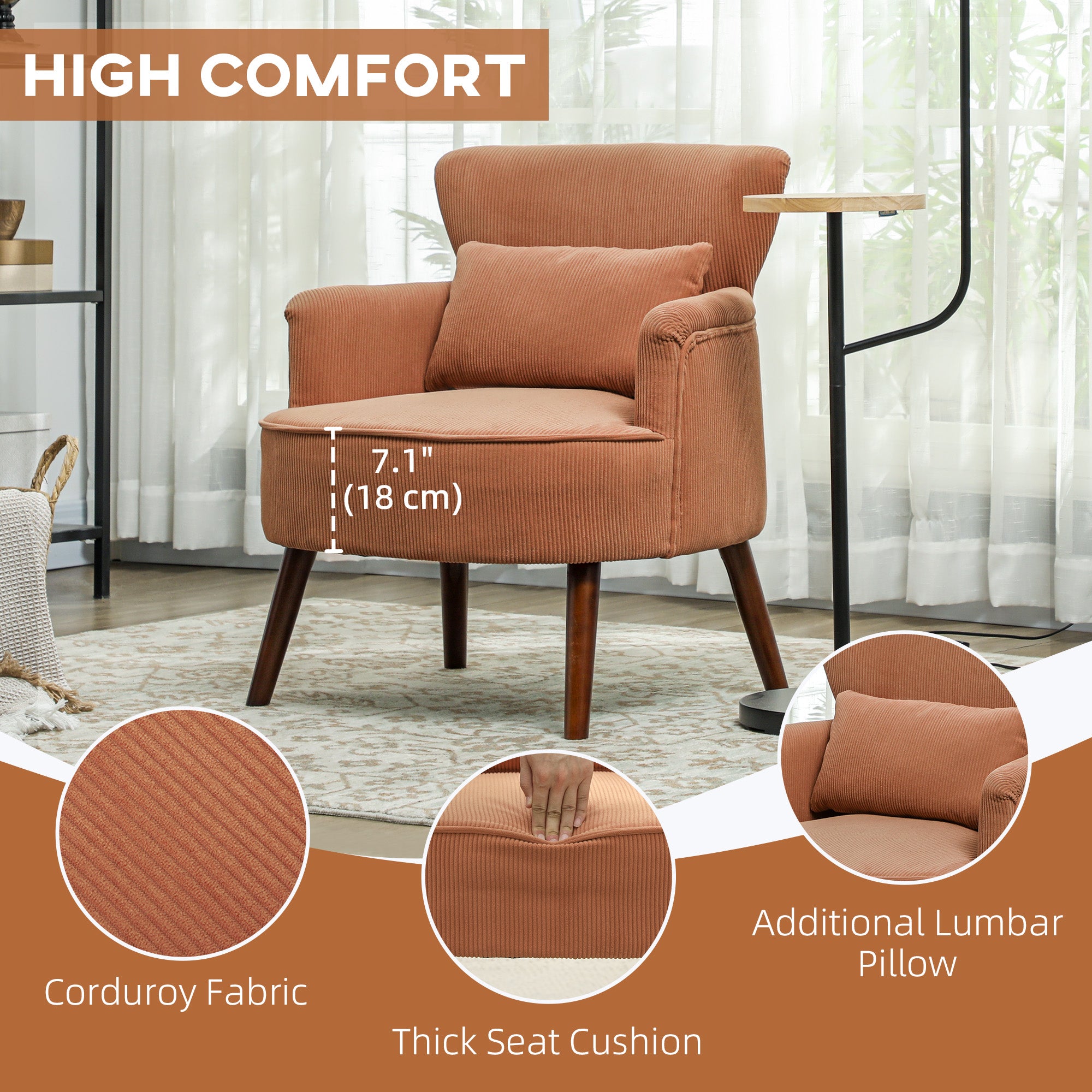 HOMCOM Accent Chair, Upholstered Armchair with Solid Wood Legs and Lumbar Pillow, Living Room Chair with Thick Padded Seat, Orange