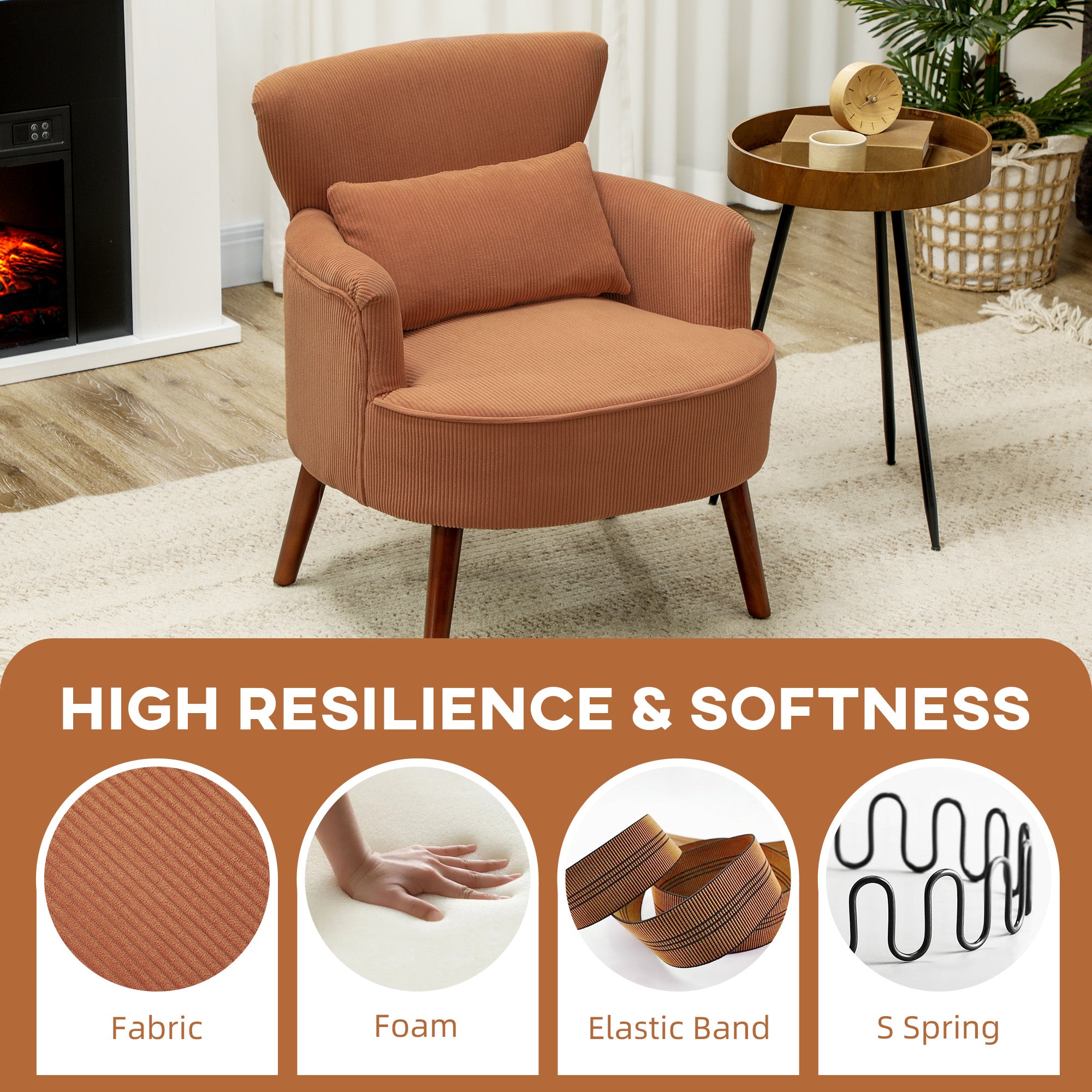 HOMCOM Accent Chair, Upholstered Armchair with Solid Wood Legs and Lumbar Pillow, Living Room Chair with Thick Padded Seat, Orange
