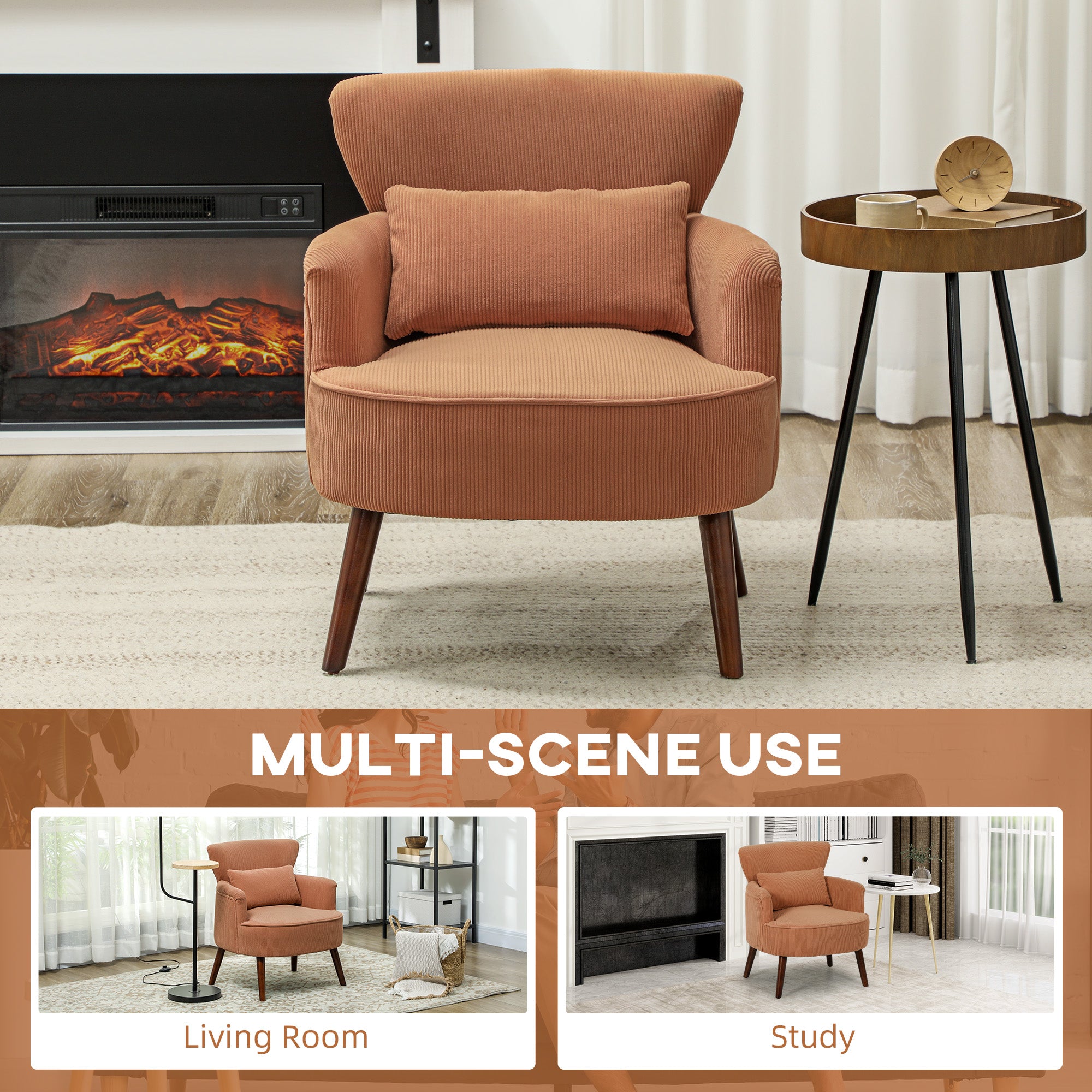 HOMCOM Accent Chair, Upholstered Armchair with Solid Wood Legs and Lumbar Pillow, Living Room Chair with Thick Padded Seat, Orange