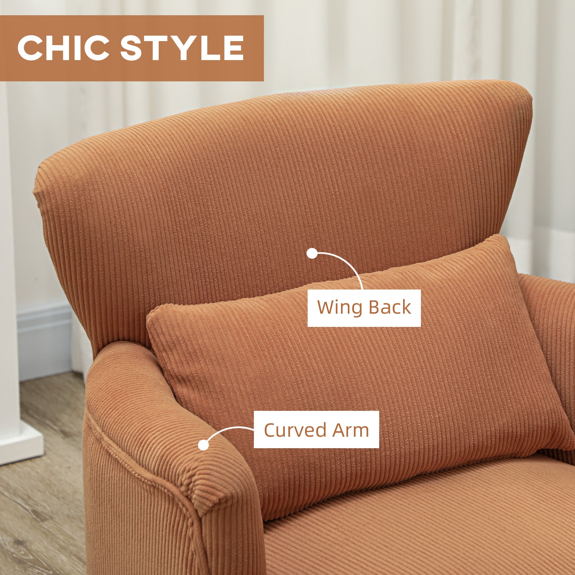 HOMCOM Accent Chair, Upholstered Armchair with Solid Wood Legs and Lumbar Pillow, Living Room Chair with Thick Padded Seat, Orange