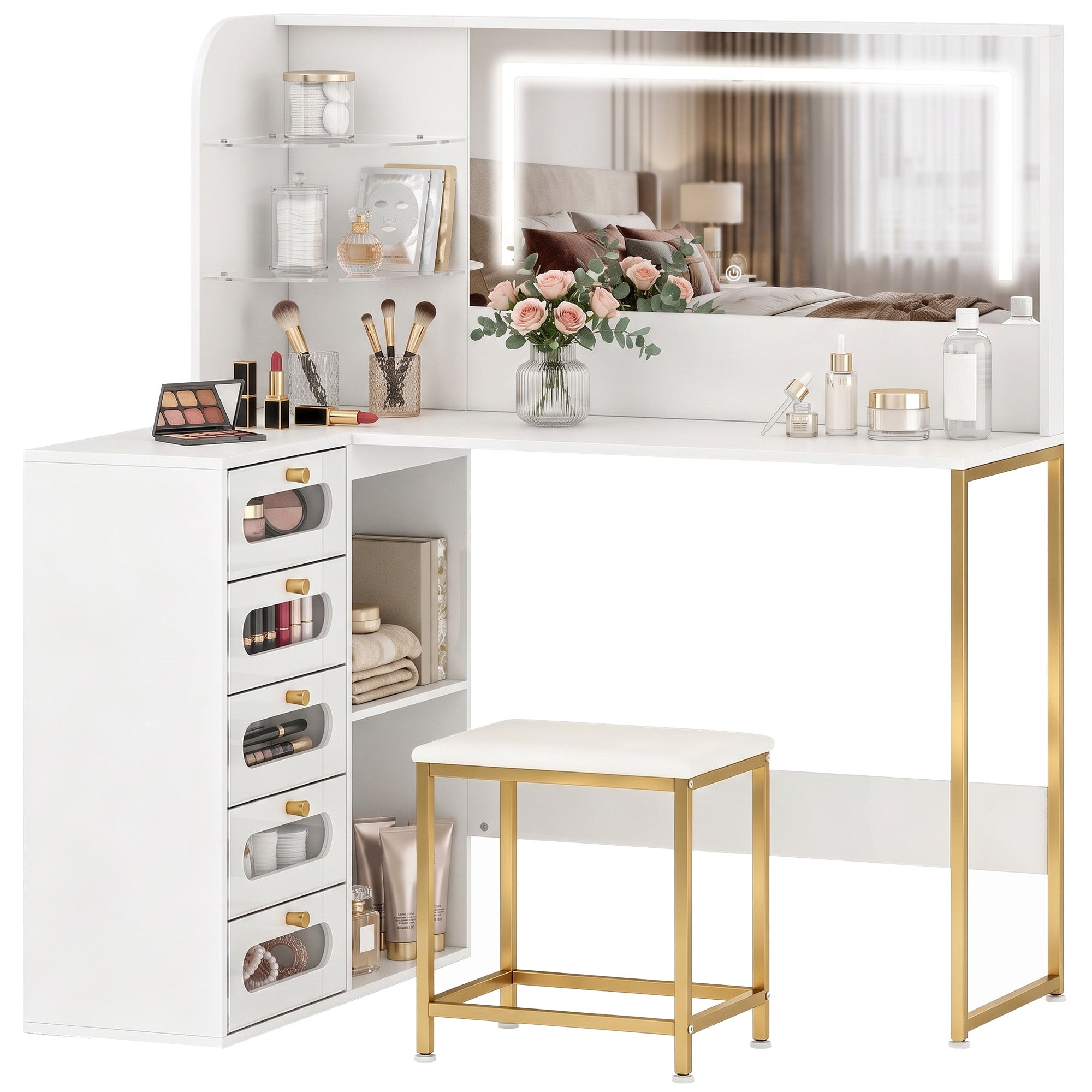 Dressing Table with Adjustable LED Mirror and Padded Stool, Corner L-Shaped Vanity Desk with 5 Drawers, 2 Open Shelves, 2 Glass Shelves, Modern Makeup Table for Bedroom, 120x80x135 cm, White