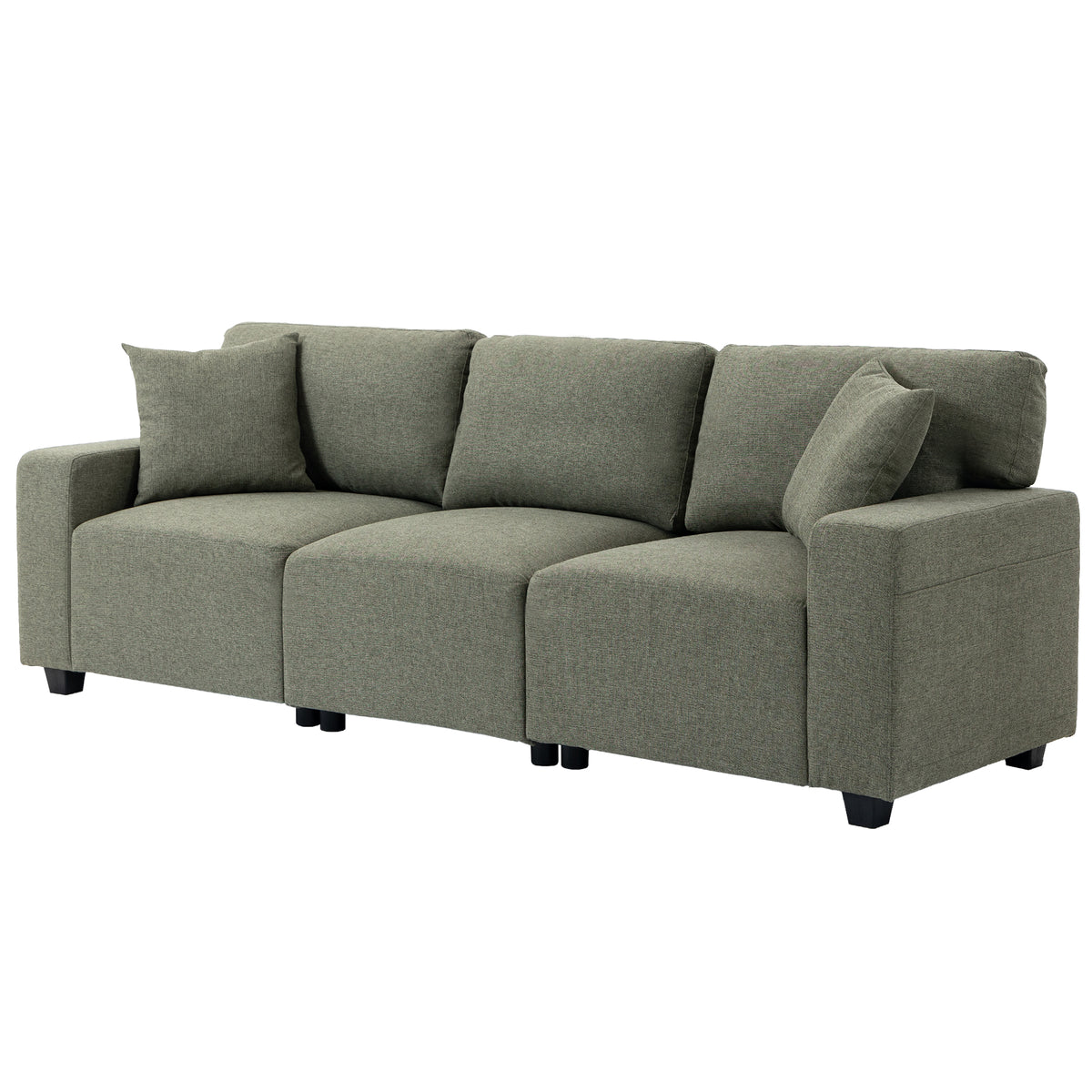 3 Seater Sofa, Linen-Look Fabric Upholstered Small Couch, Modern Sofa Settee with Storage Pockets, Pocket Springs and 2 Pillows for Living Room, Green