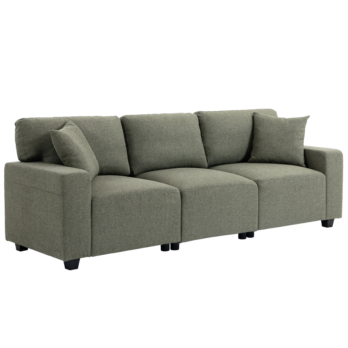 3 Seater Sofa, Linen-Look Fabric Upholstered Small Couch, Modern Sofa Settee with Storage Pockets, Pocket Springs and 2 Pillows for Living Room, Green