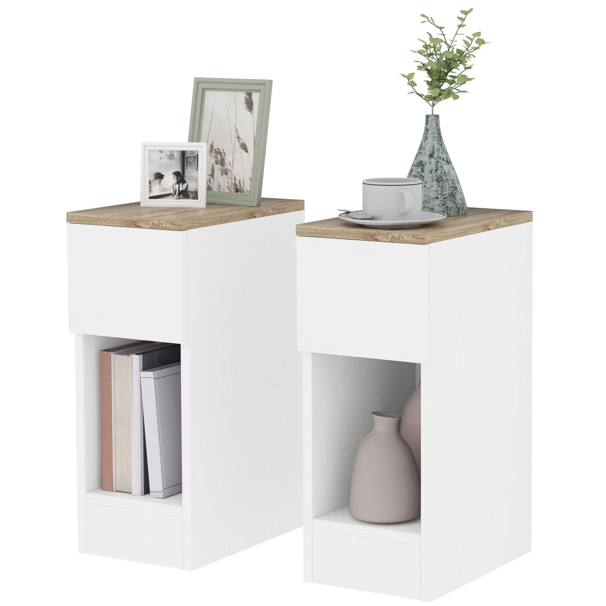 HOMCOM Bedside Tables Set of 2, Modern Side Tables with Drawer and Shelf, Nightstands for Bedroom, Living Room, White