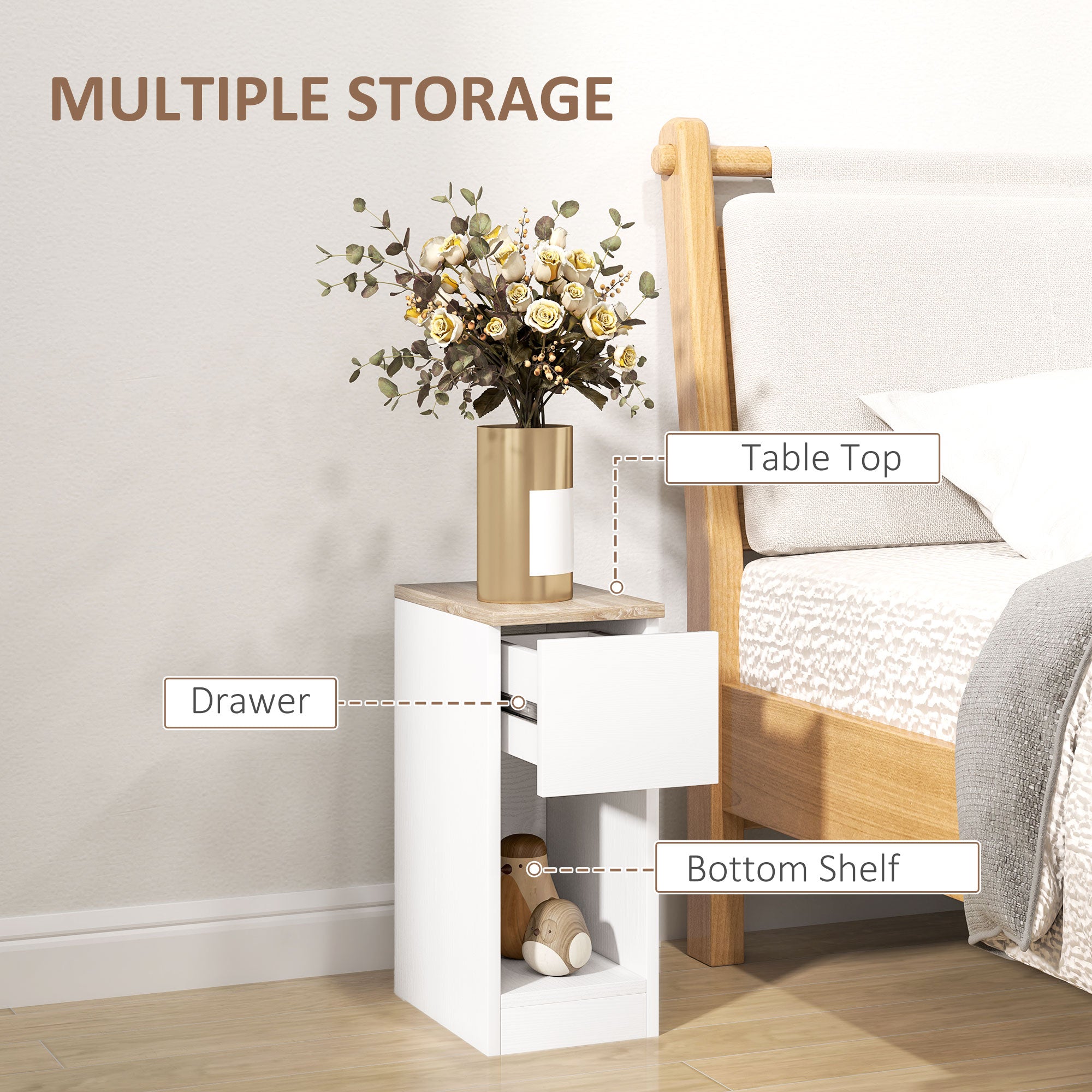 HOMCOM Bedside Tables Set of 2, Modern Side Tables with Drawer and Shelf, Nightstands for Bedroom, Living Room, White