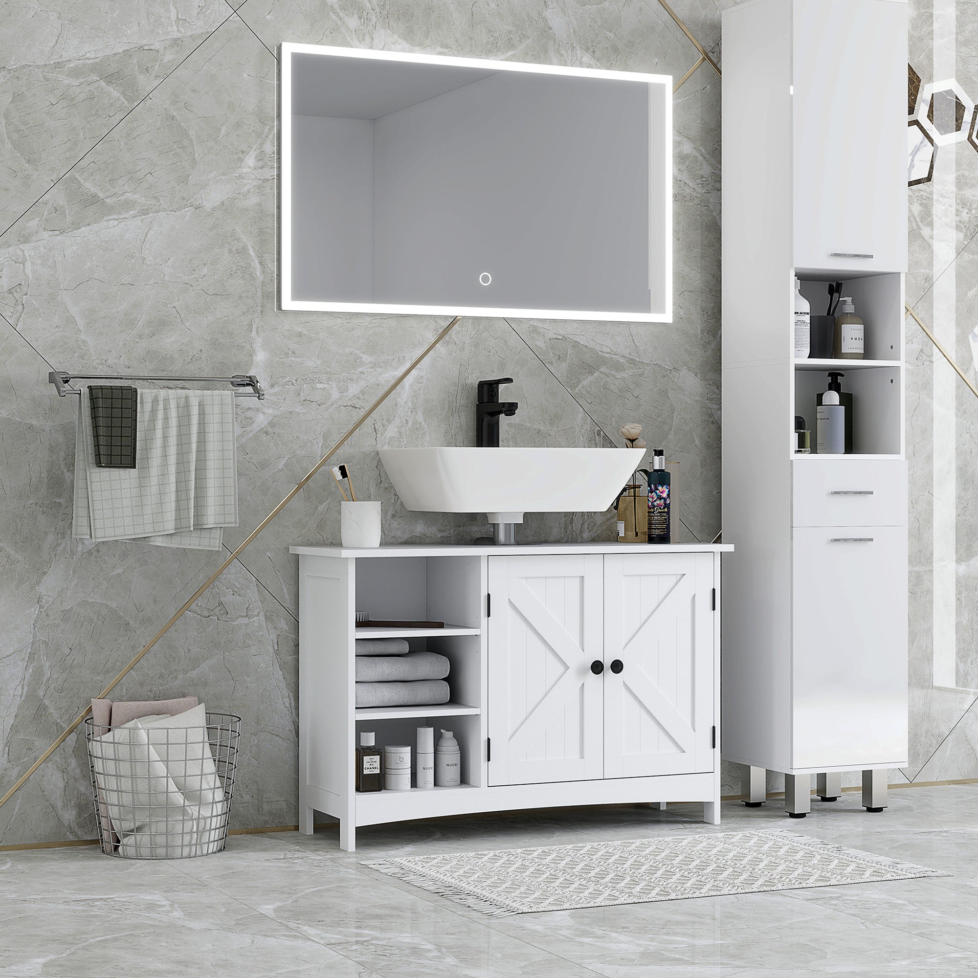 Bathroom Vanity Cabinet, Modern Farmhouse Under Sink Storage Cabinet with Double Doors, Open and Adjustable Shelves for Wall-Mounted Sink, 35.4" W x 11.8" D x 23.6" H, White