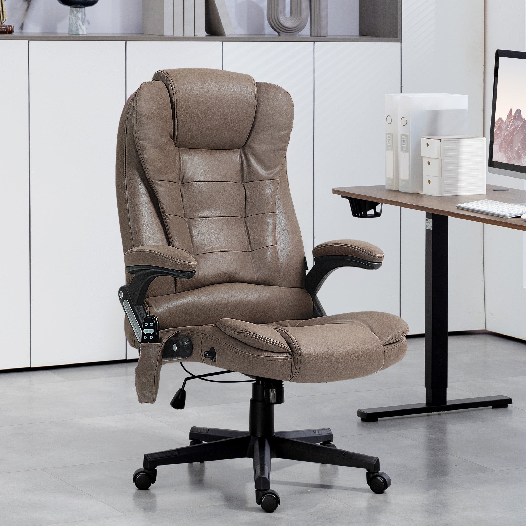 6 Points Heated Massage Office Chair, Microfiber High Back Executive Office Chair, Dark Brown