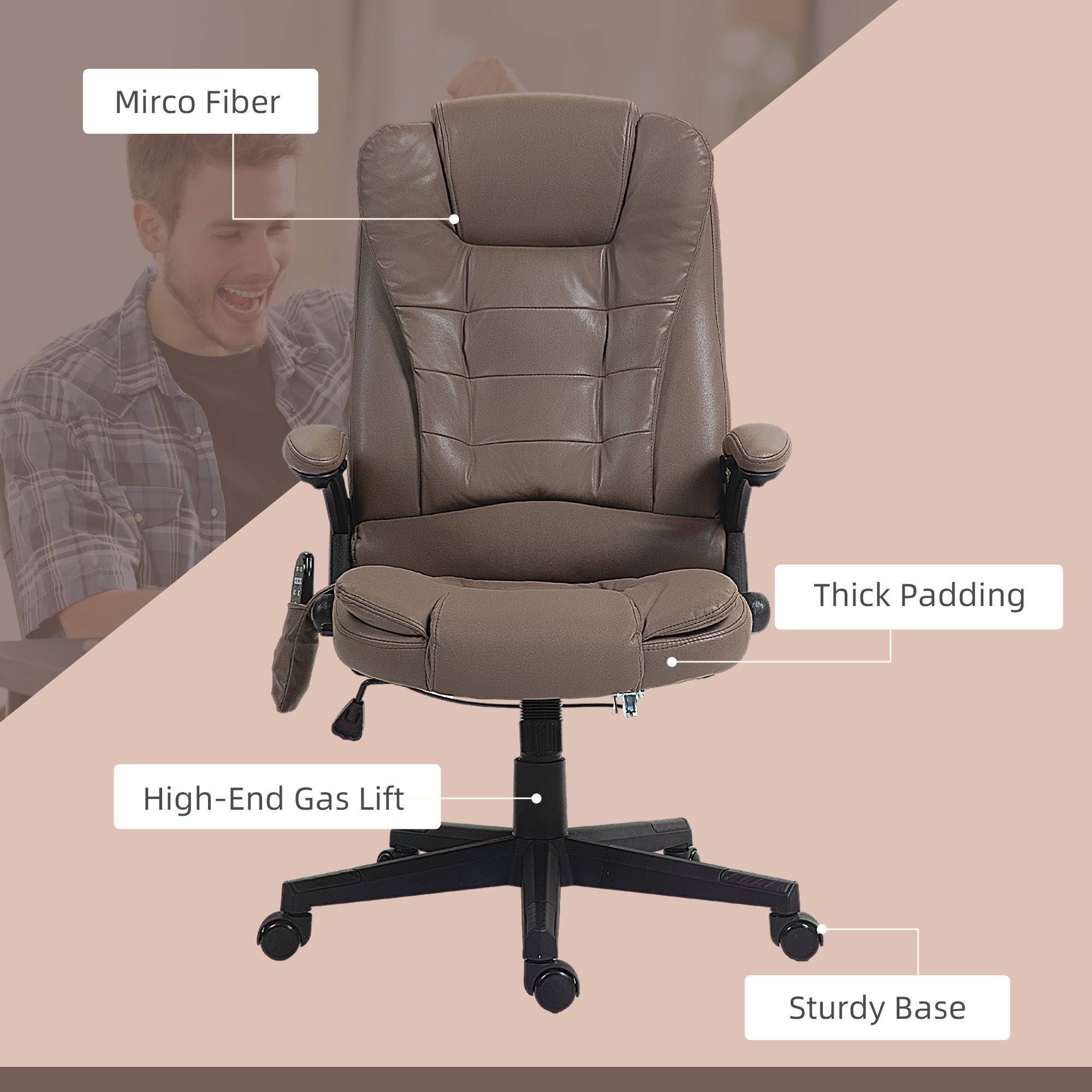 6 Points Heated Massage Office Chair, Microfiber High Back Executive Office Chair, Dark Brown