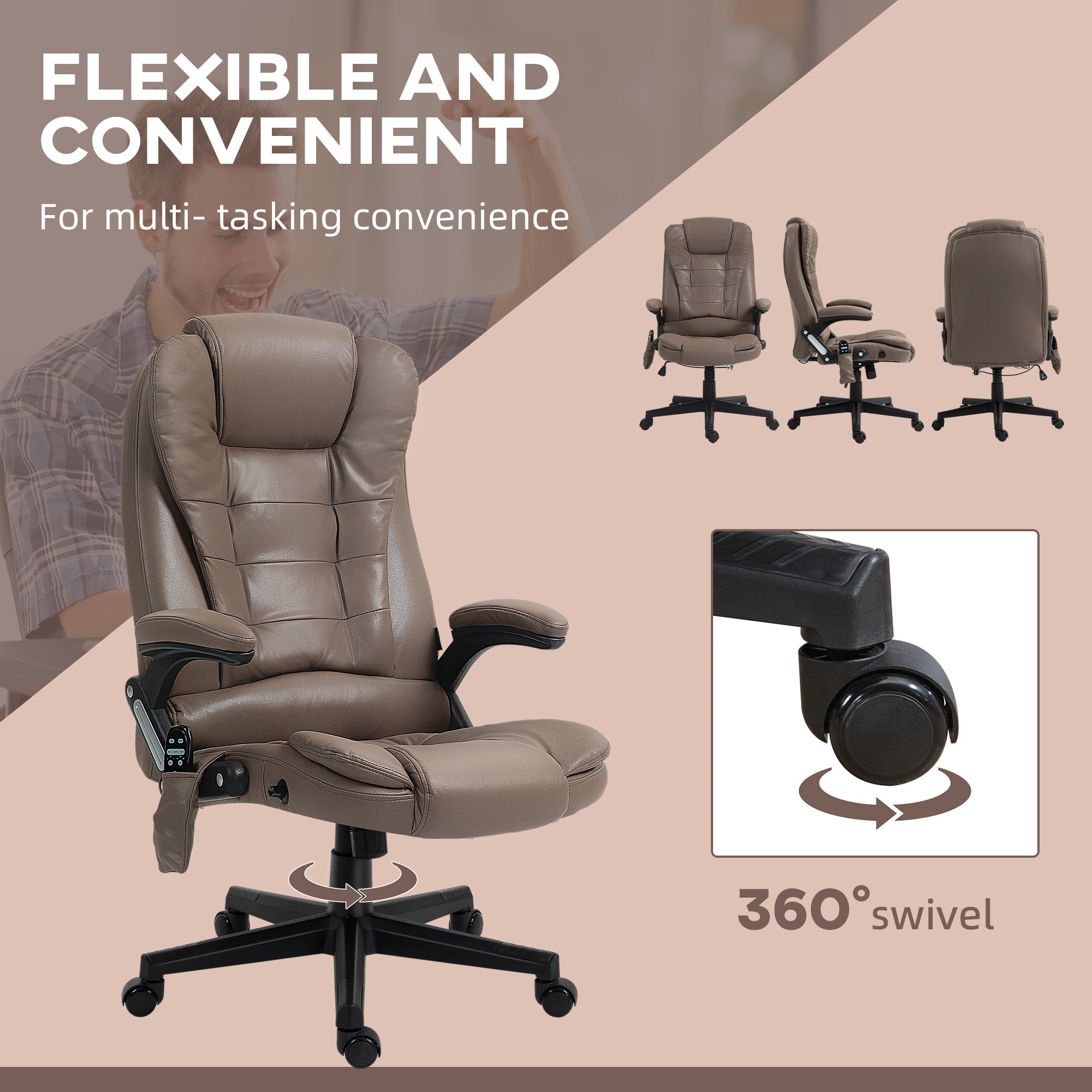 6 Points Heated Massage Office Chair, Microfiber High Back Executive Office Chair, Dark Brown