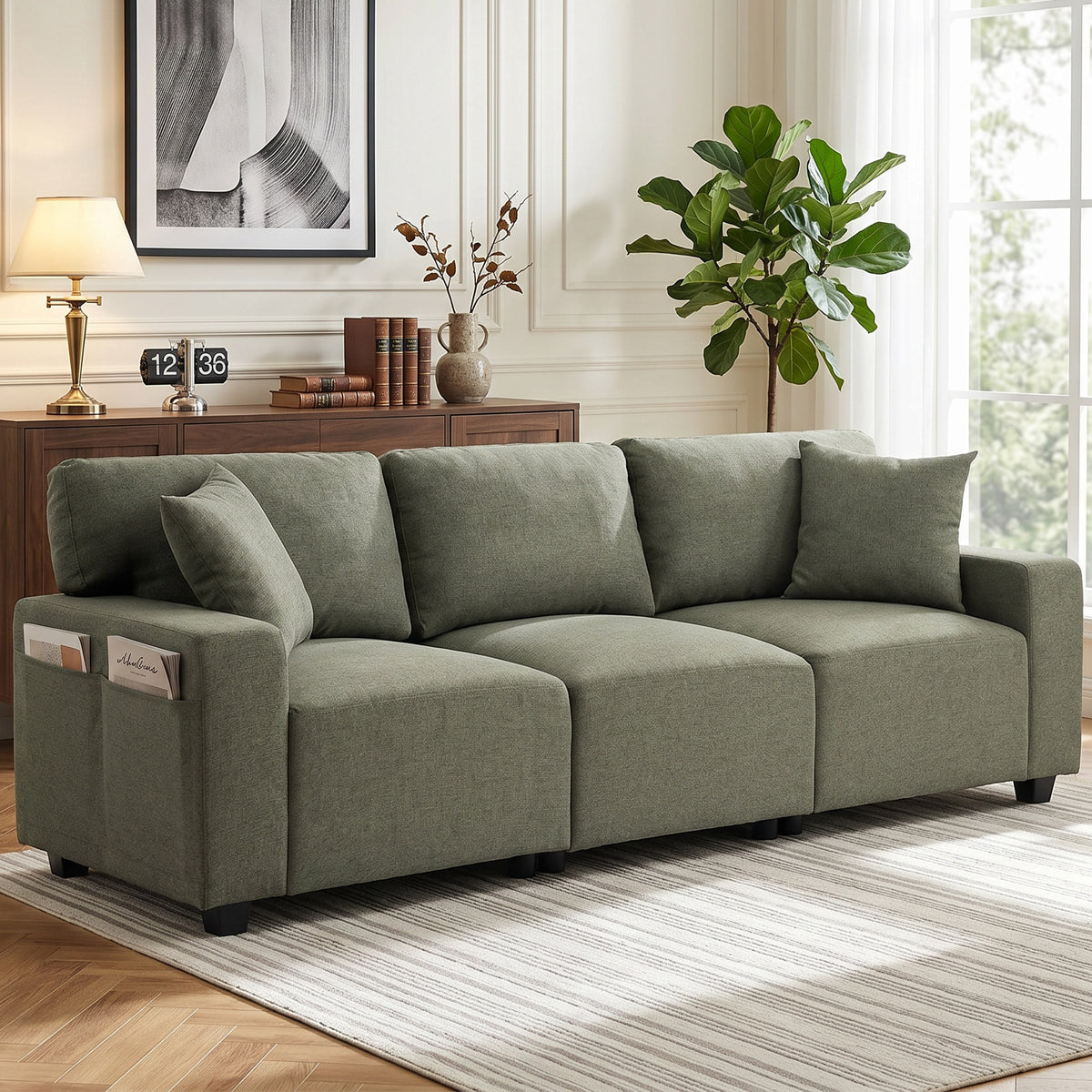 3 Seater Sofa, Linen-Look Fabric Upholstered Small Couch, Modern Sofa Settee with Storage Pockets, Pocket Springs and 2 Pillows for Living Room, Green