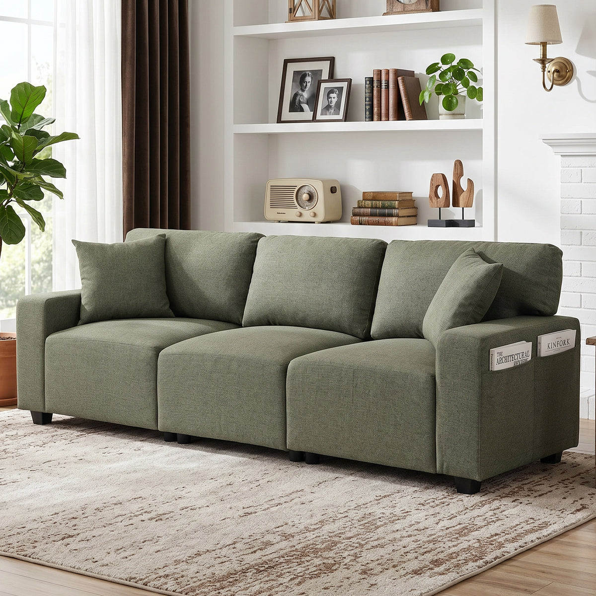 3 Seater Sofa, Linen-Look Fabric Upholstered Small Couch, Modern Sofa Settee with Storage Pockets, Pocket Springs and 2 Pillows for Living Room, Green