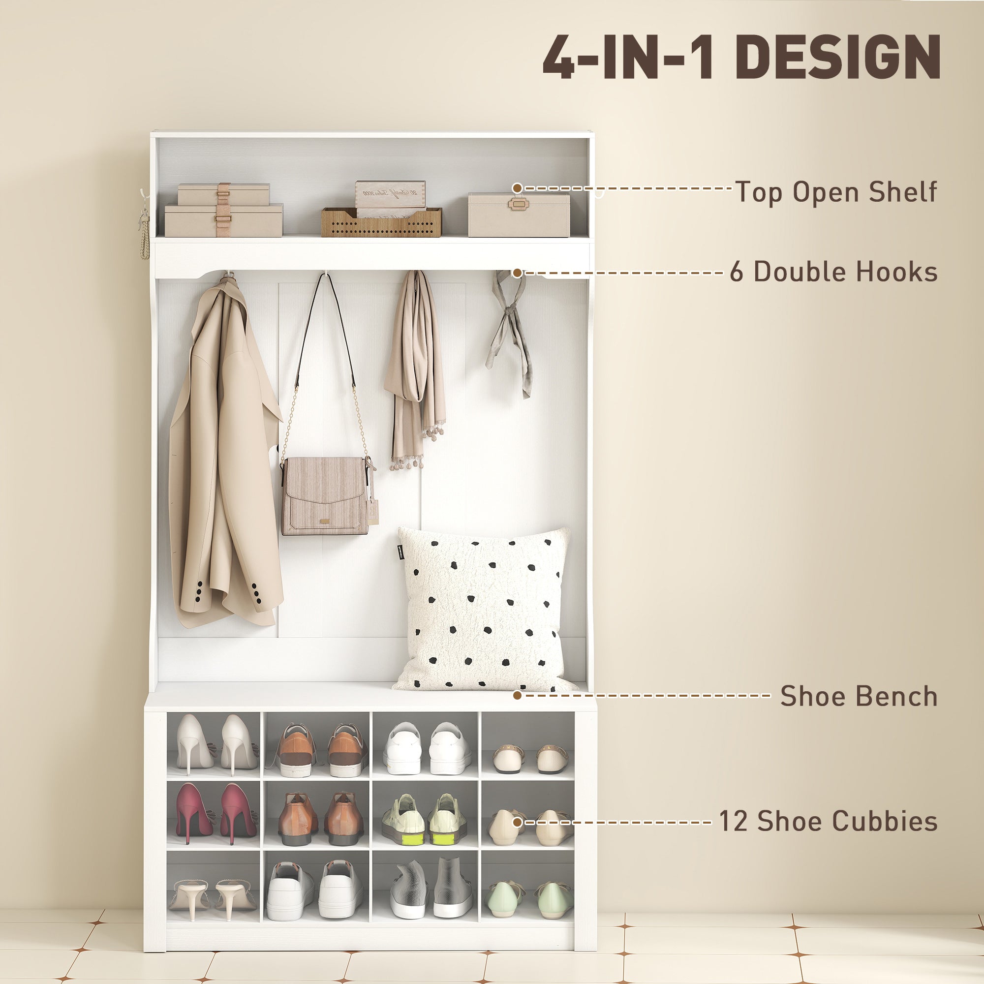4-In-1 Hall Tree with Bench and Shoe Storage, Farmhouse Entryway Coat Rack Shoe Bench with 12 Shoe Cubbies, 6 Hooks and Open Shelf for Hallway, White