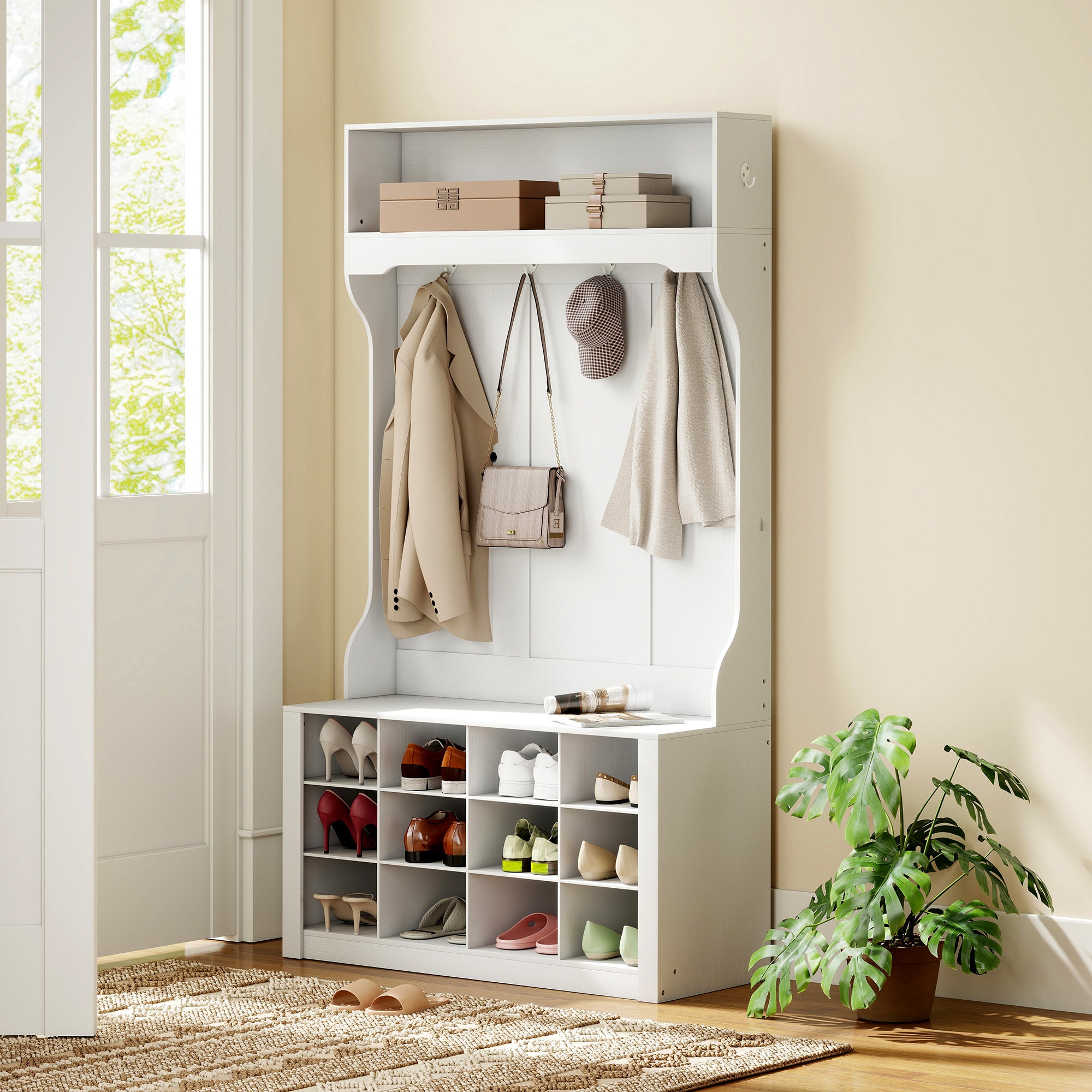 4-In-1 Hall Tree with Bench and Shoe Storage, Farmhouse Entryway Coat Rack Shoe Bench with 12 Shoe Cubbies, 6 Hooks and Open Shelf for Hallway, White
