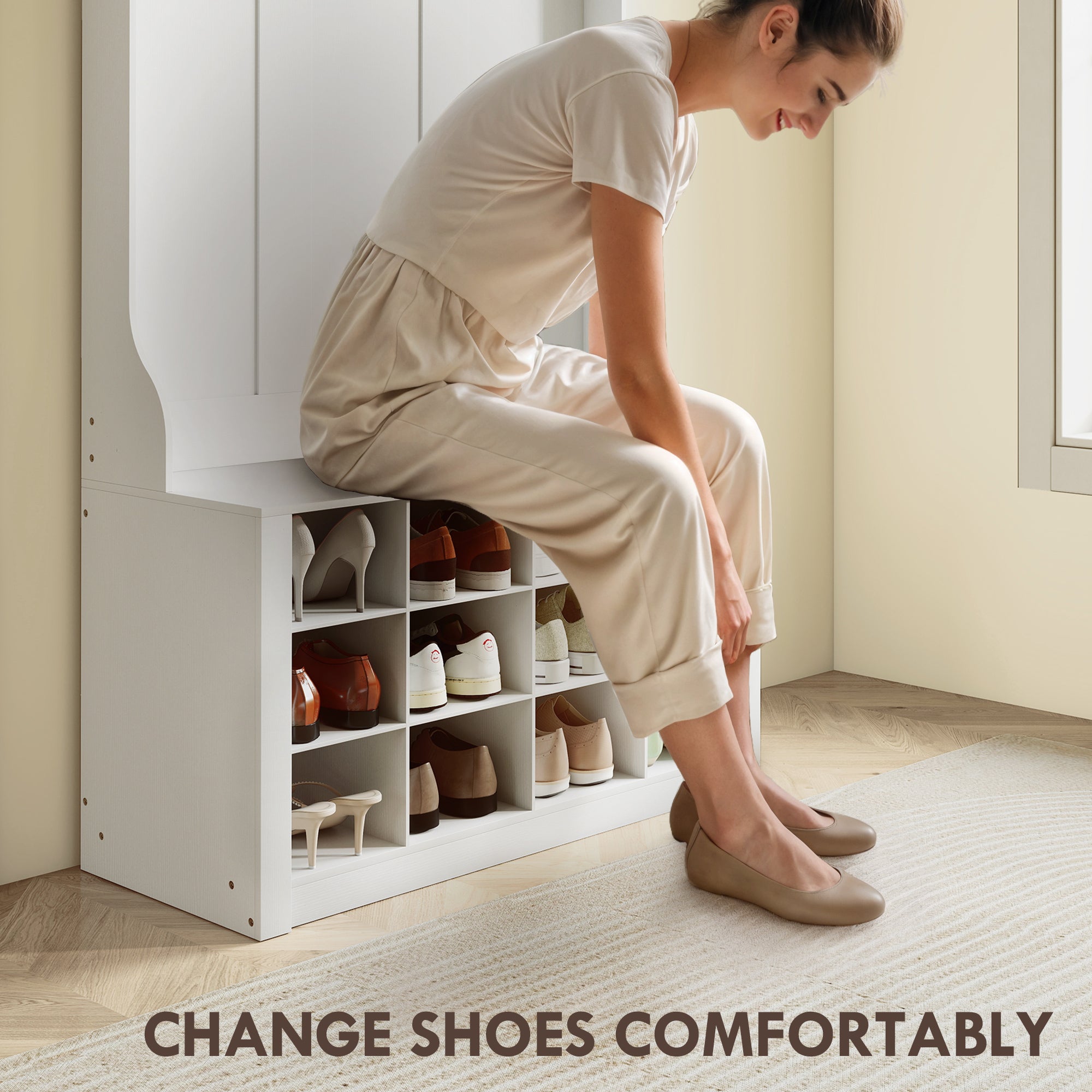 4-In-1 Hall Tree with Bench and Shoe Storage, Farmhouse Entryway Coat Rack Shoe Bench with 12 Shoe Cubbies, 6 Hooks and Open Shelf for Hallway, White