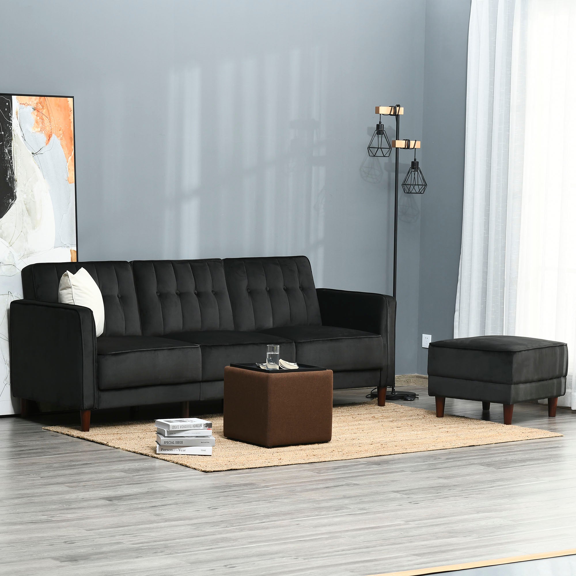 Upholstered L-Shaped Sofa Bed, Reversible Sectional Recliner Sofa Set, Velvet-Touch Sleeper Futon with Footstool, Black