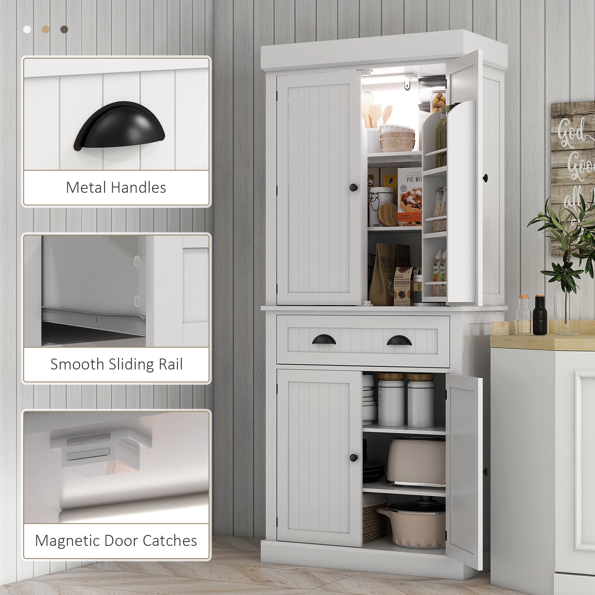 71" Pantry Cabinet with LED Motion Sensor Light, Freestanding Kitchen Pantry with 6 Spice Racks, Drawer and Adjustable Shelves, Tall Buffet Cabinet with Hutch, White