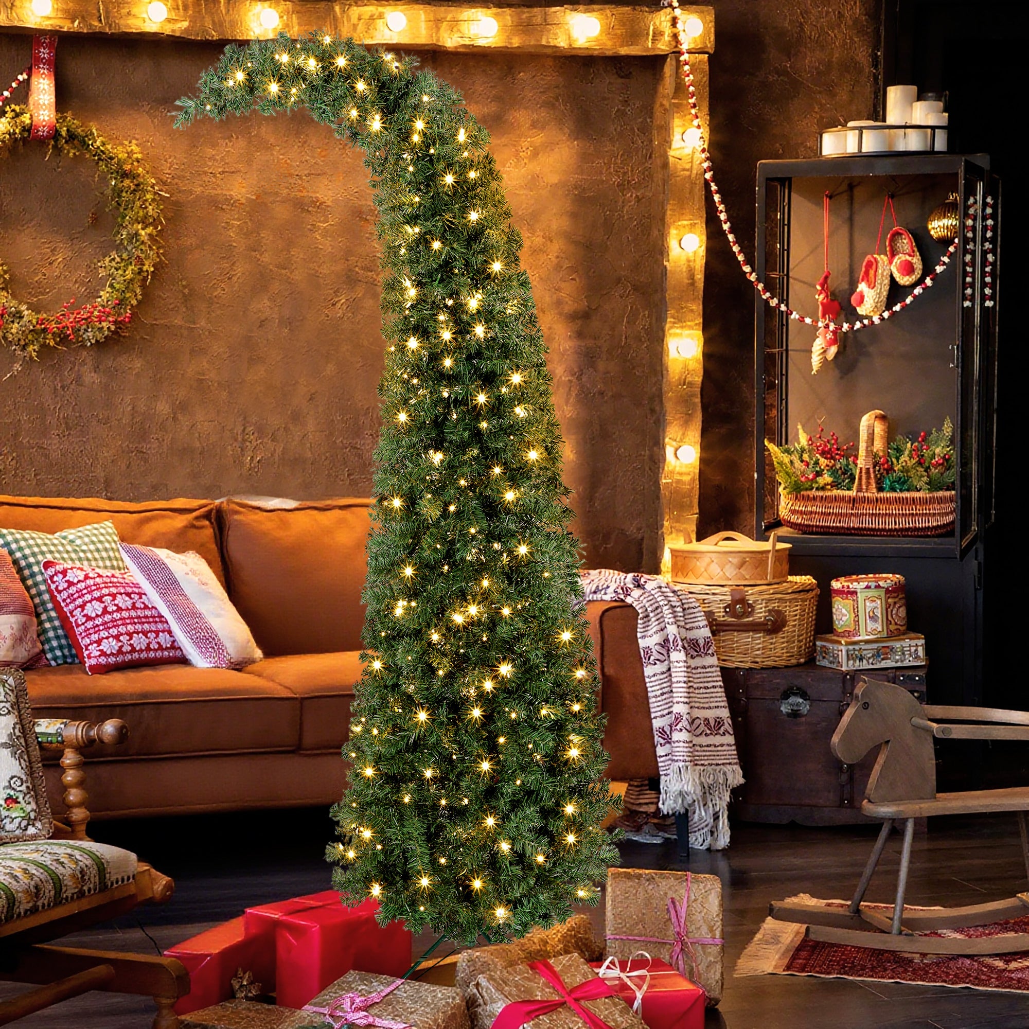 7 ft Prelit Whimsical Christmas Tree, Slim High Mountain Fir Holiday Decor with 300 Warm White LEDs and 8 Modes, Xmas Tree with 777 Tips and Metal Stand for Home Office, Green