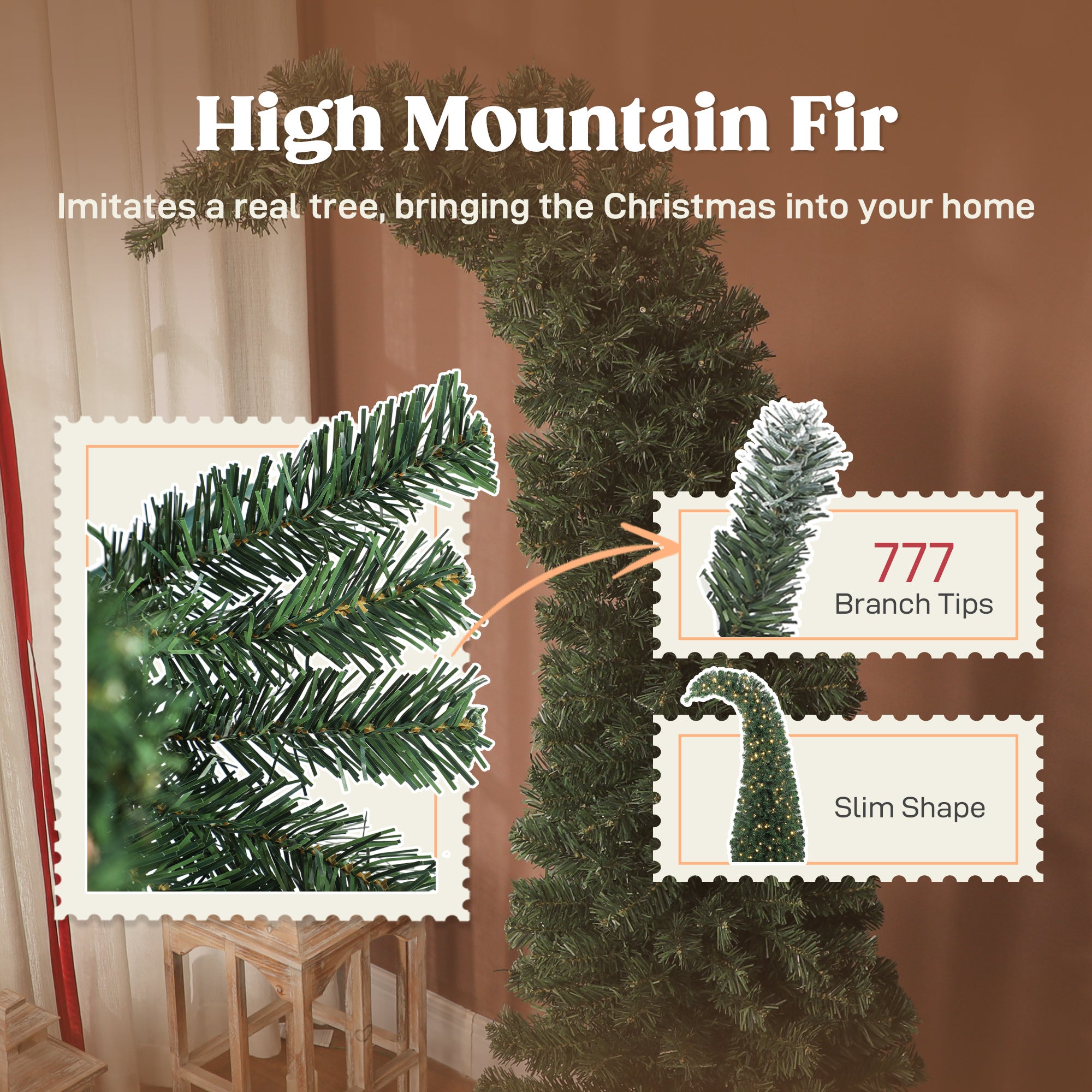 7 ft Prelit Whimsical Christmas Tree, Slim High Mountain Fir Holiday Decor with 300 Warm White LEDs and 8 Modes, Xmas Tree with 777 Tips and Metal Stand for Home Office, Green