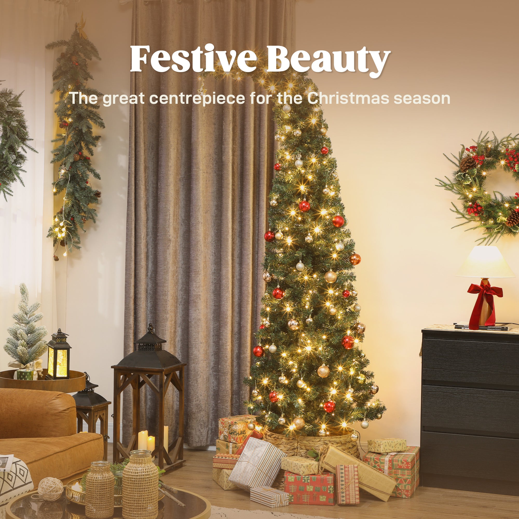 7 ft Prelit Whimsical Christmas Tree, Slim High Mountain Fir Holiday Decor with 300 Warm White LEDs and 8 Modes, Xmas Tree with 777 Tips and Metal Stand for Home Office, Green