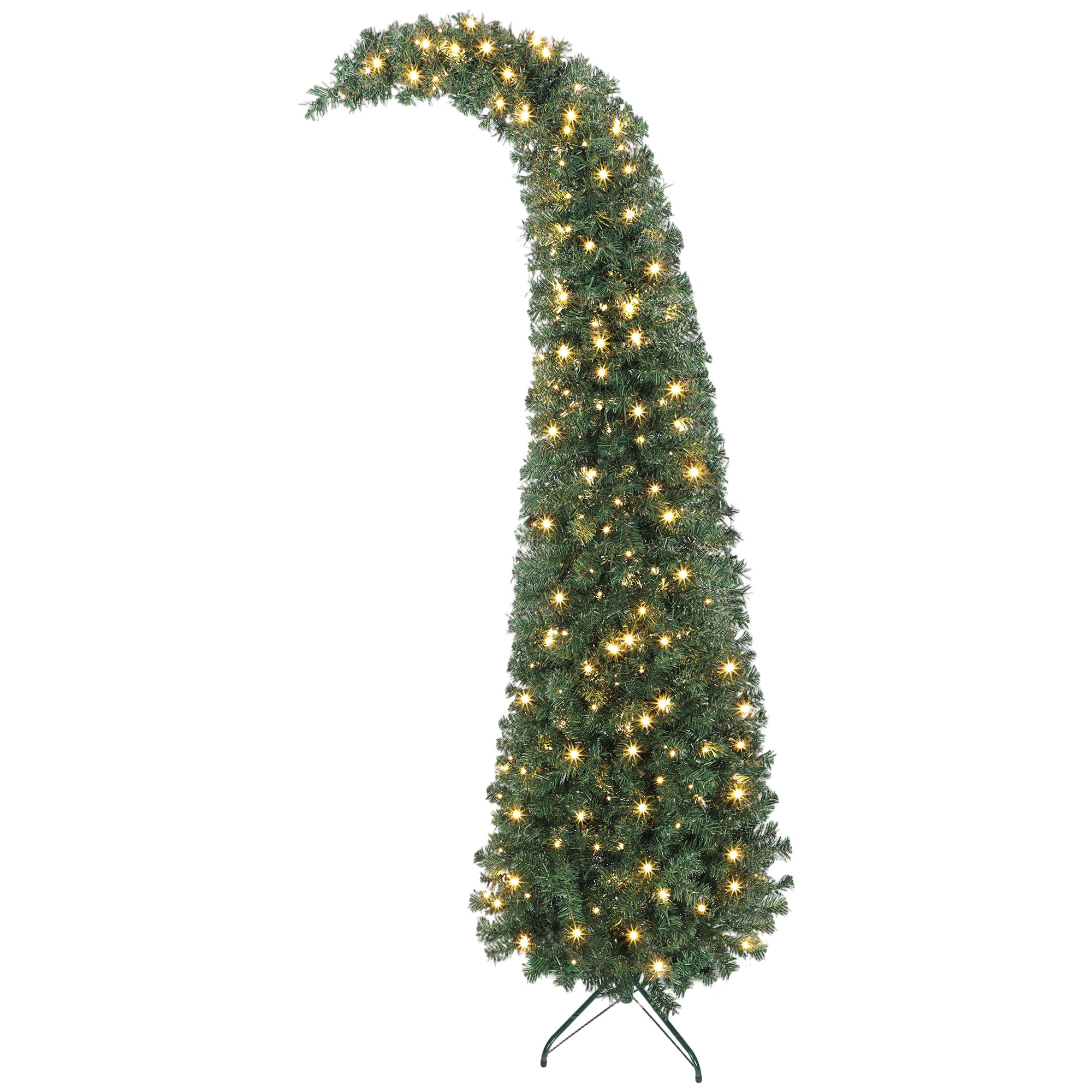 7 ft Prelit Whimsical Christmas Tree, Slim High Mountain Fir Holiday Decor with 300 Warm White LEDs and 8 Modes, Xmas Tree with 777 Tips and Metal Stand for Home Office, Green