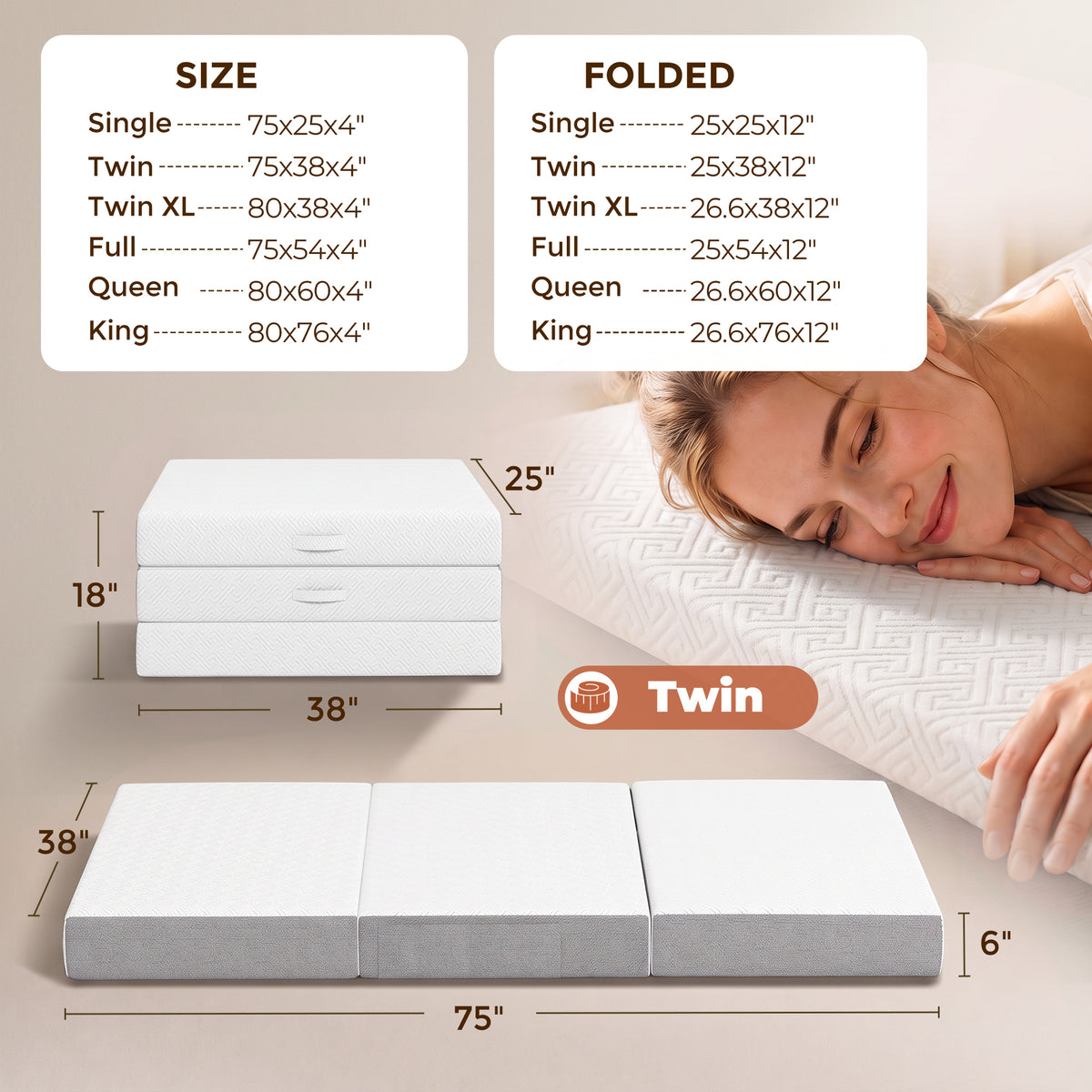 Foldable Mattress Twin Size, 6 Inch Tri Fold Memory Foam Mattress with Washable Cover & Non-Slip Bottom, Portable Floor Bed for RV, Guest, Travel, Camping, 75" x 38" x6"