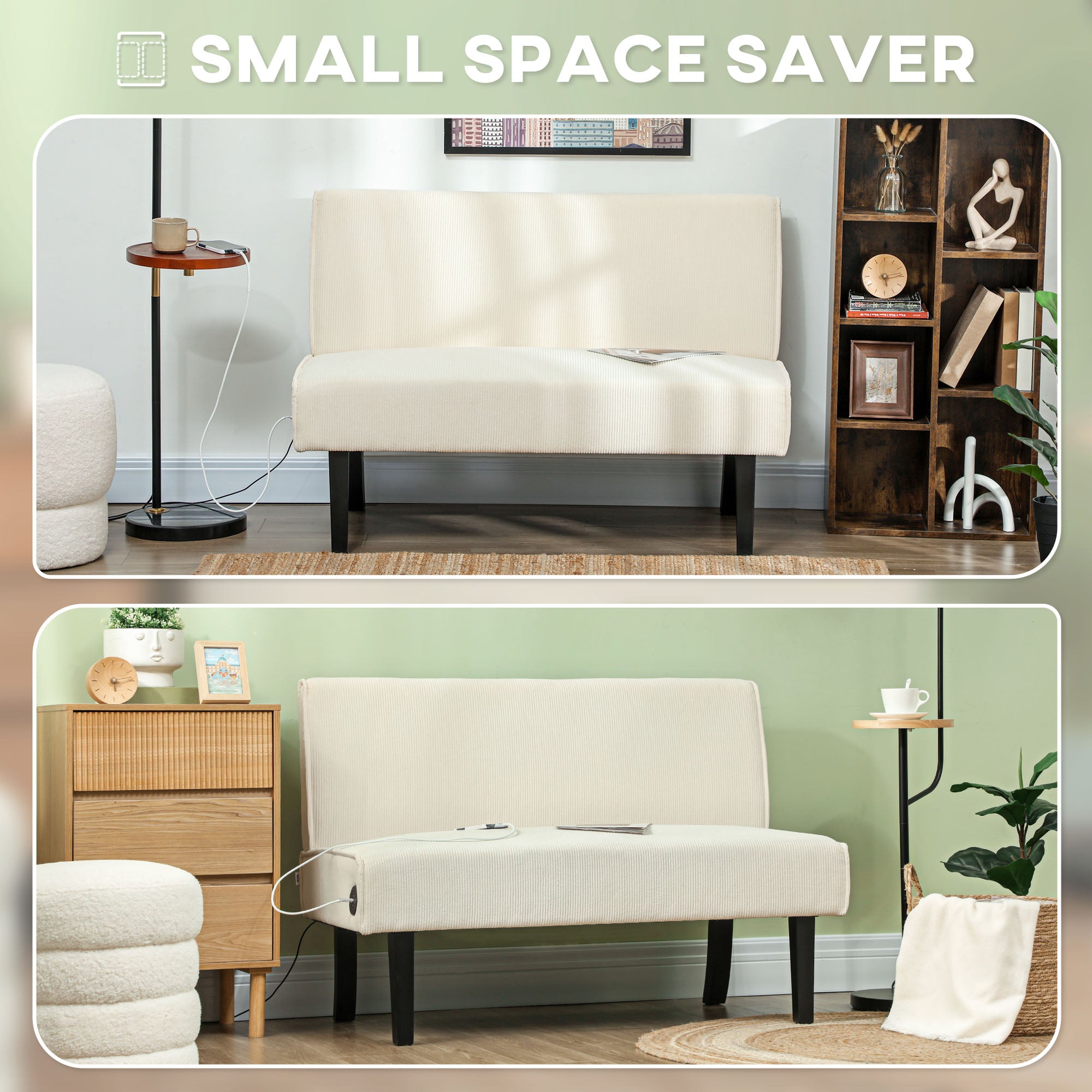 HOMCOM 46.5" Loveseat with USB Ports, Modern Love Seat with Rubber Wood Legs, Corduroy 2 Seater Sofa Couch for Living Room, Bedroom, Home Office, Small Space, Cream White