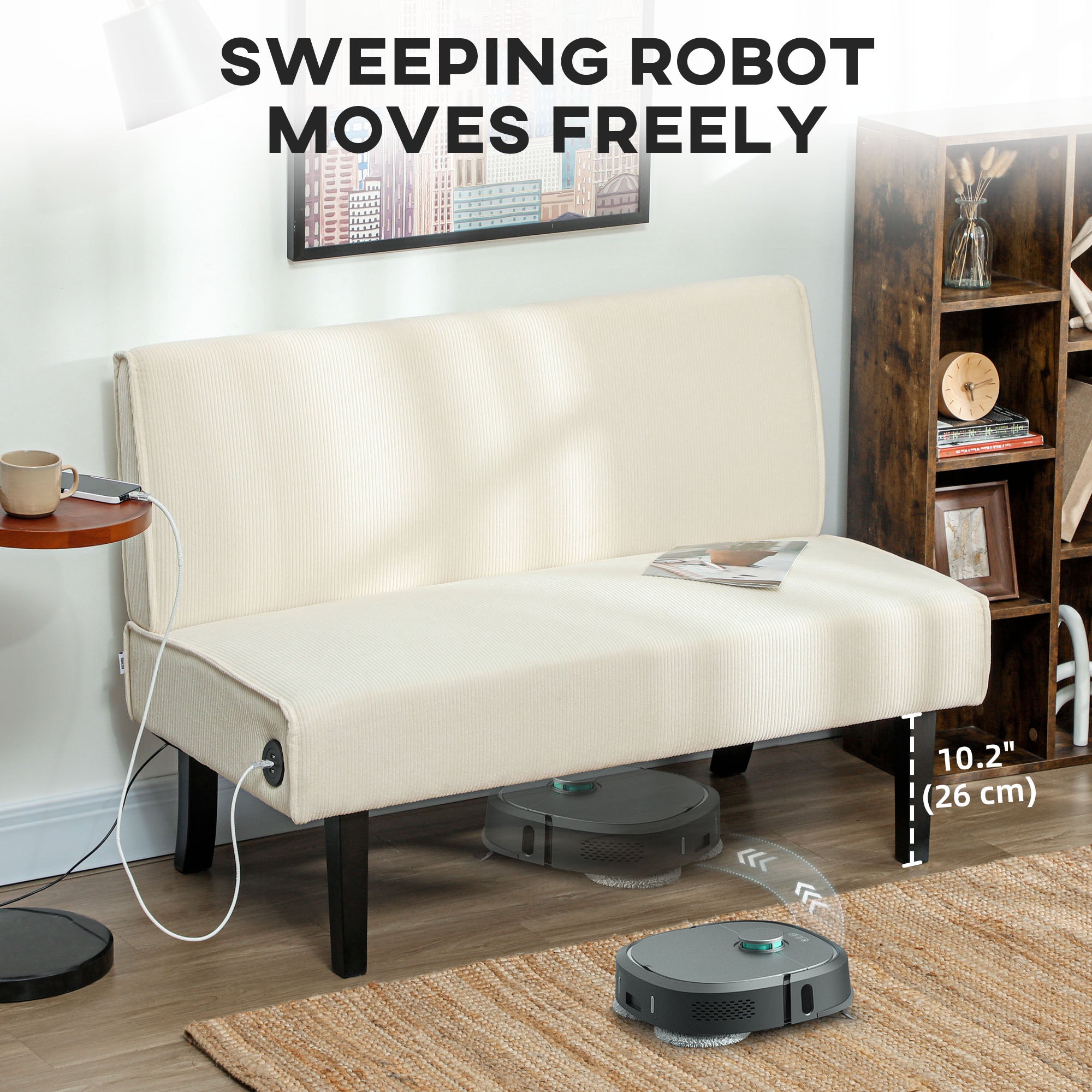 HOMCOM 46.5" Loveseat with USB Ports, Modern Love Seat with Rubber Wood Legs, Corduroy 2 Seater Sofa Couch for Living Room, Bedroom, Home Office, Small Space, Cream White