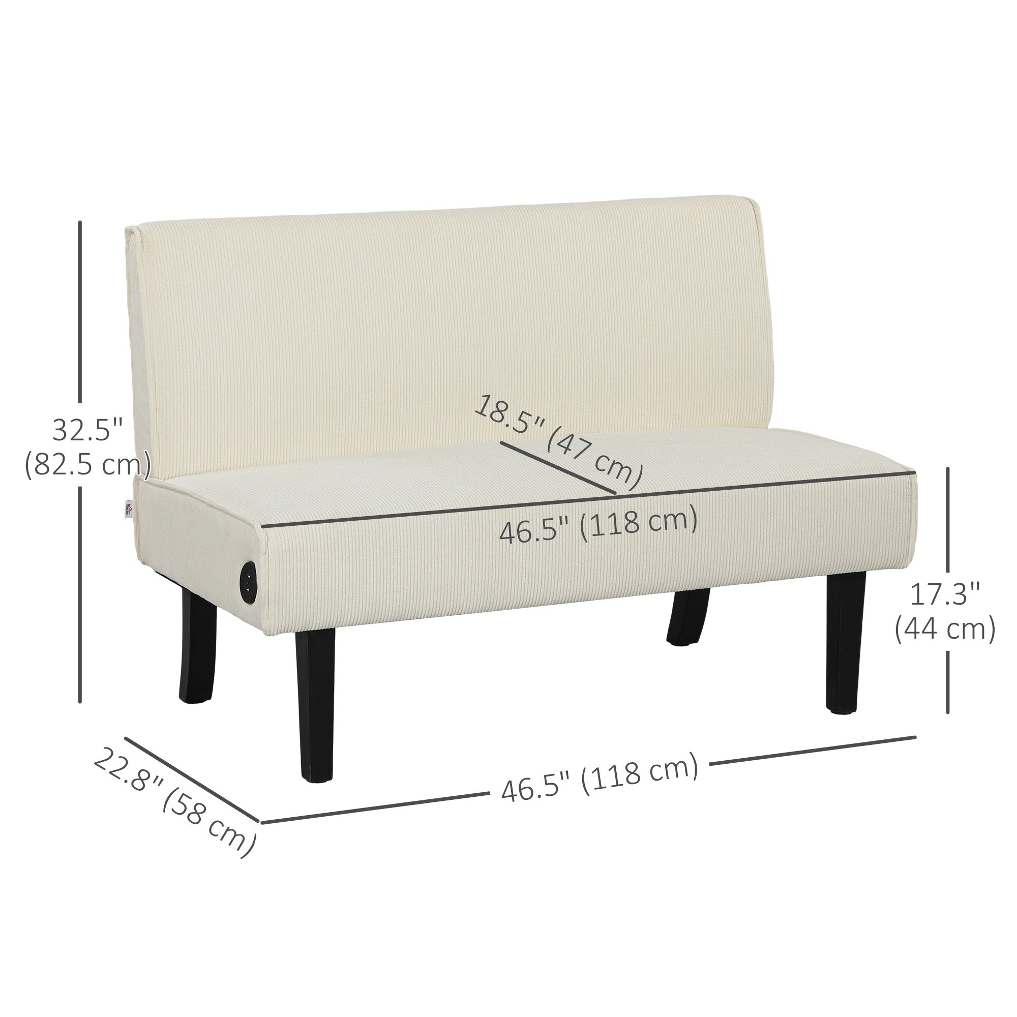 HOMCOM 46.5" Loveseat with USB Ports, Modern Love Seat with Rubber Wood Legs, Corduroy 2 Seater Sofa Couch for Living Room, Bedroom, Home Office, Small Space, Cream White