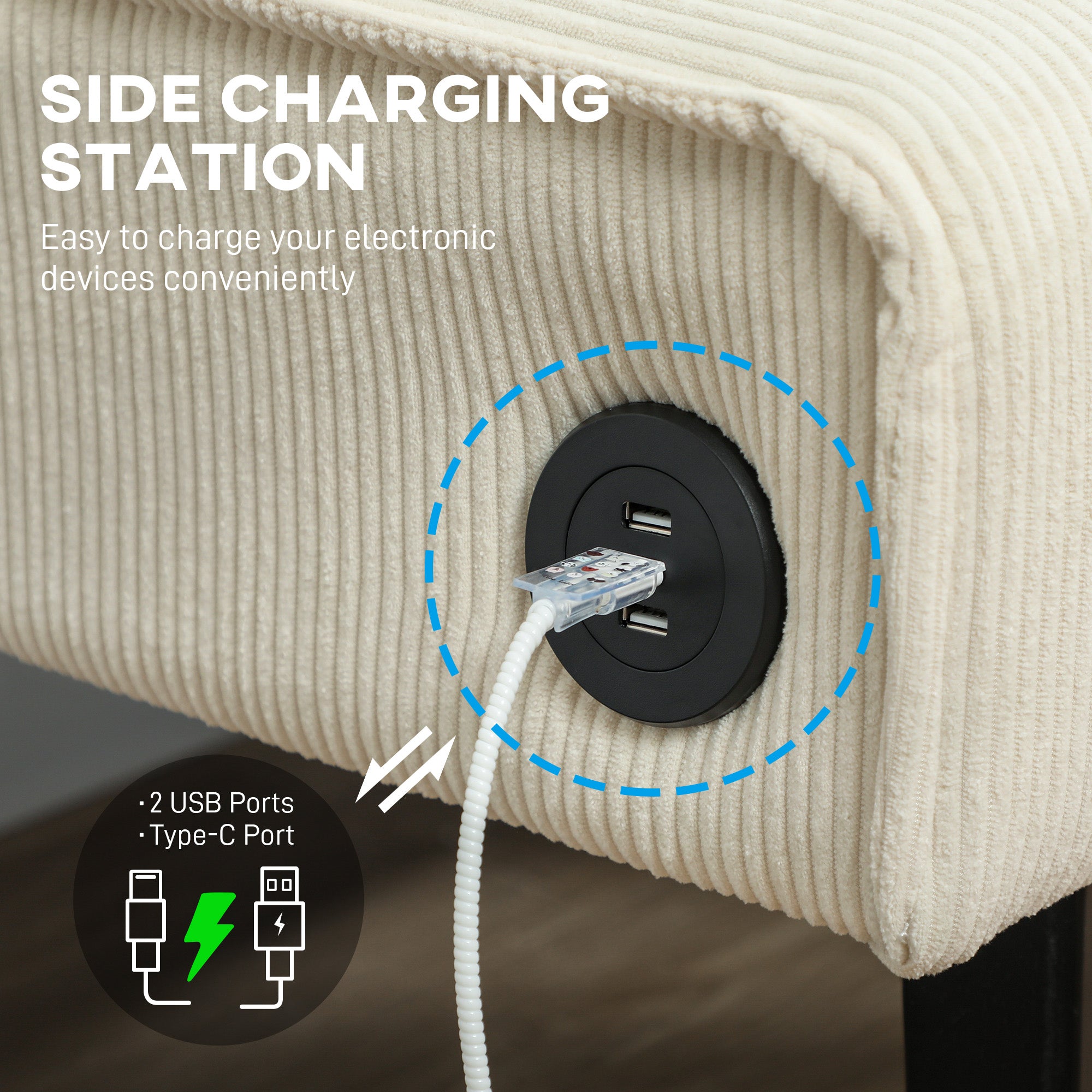 HOMCOM 46.5" Loveseat with USB Ports, Modern Love Seat with Rubber Wood Legs, Corduroy 2 Seater Sofa Couch for Living Room, Bedroom, Home Office, Small Space, Cream White