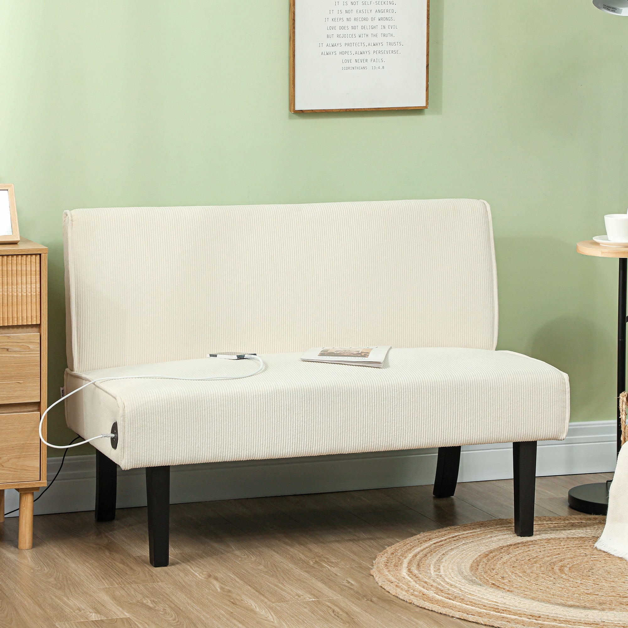 HOMCOM 46.5" Loveseat with USB Ports, Modern Love Seat with Rubber Wood Legs, Corduroy 2 Seater Sofa Couch for Living Room, Bedroom, Home Office, Small Space, Cream White