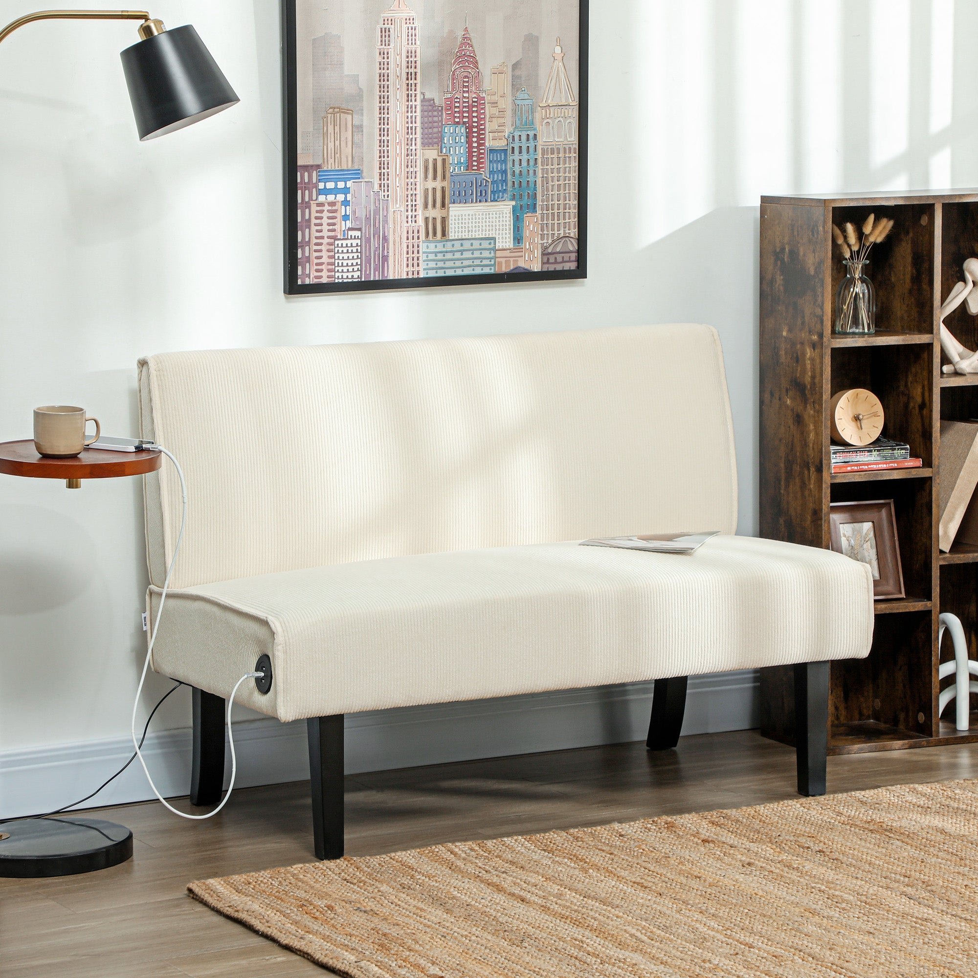 HOMCOM 46.5" Loveseat with USB Ports, Modern Love Seat with Rubber Wood Legs, Corduroy 2 Seater Sofa Couch for Living Room, Bedroom, Home Office, Small Space, Cream White