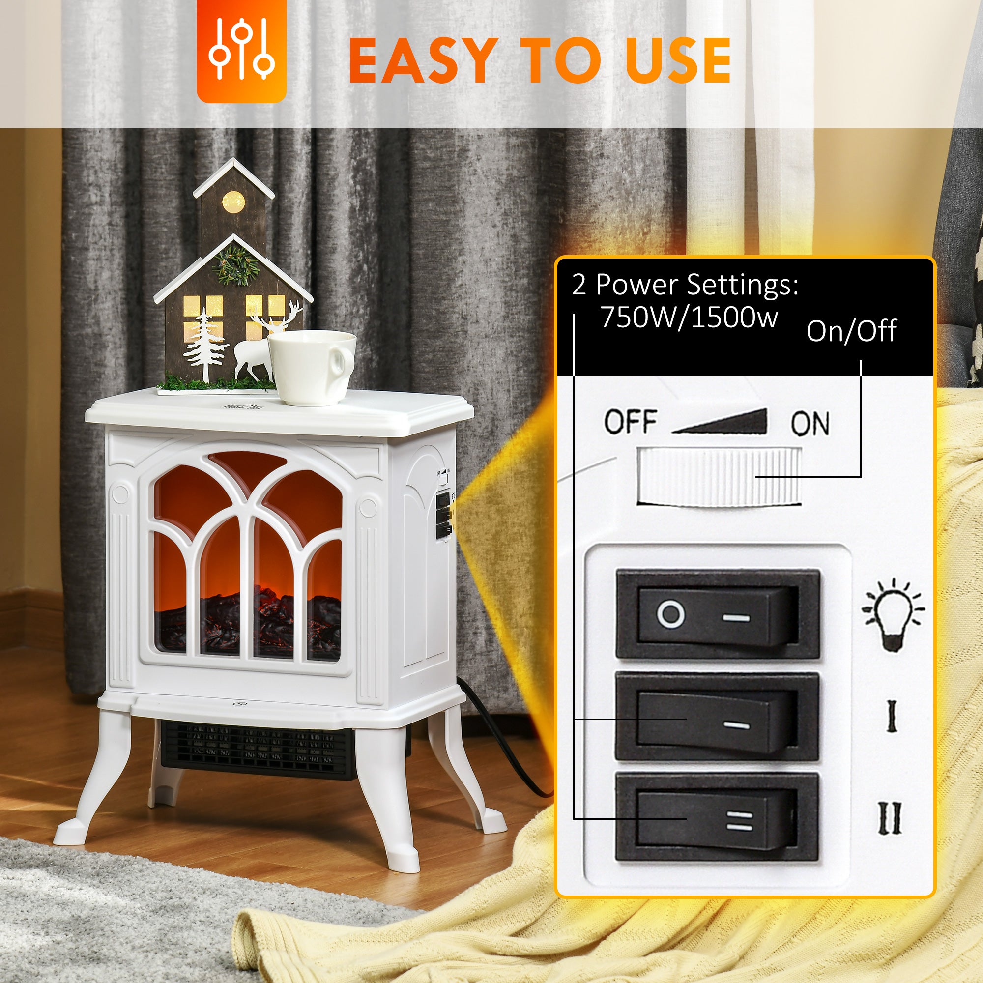 Electric Fireplace Heater, 17" Freestanding Fireplace Stove with Overheating Protection, Realistic Flame, Portable, 750W/1500W, White