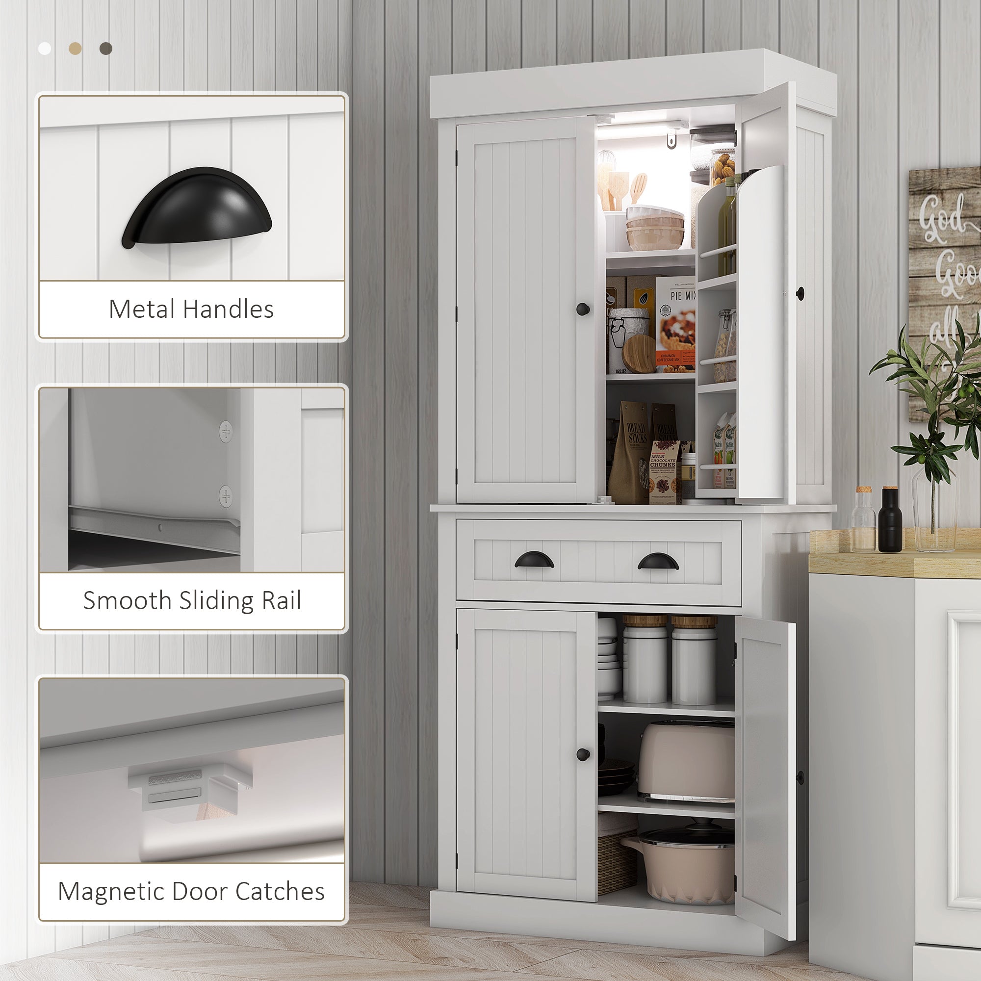 71" Kitchen Pantry Cabinet with LED Lights, 6 Door Shelves, a Drawer and 4 Adjustable Shelves, White - HOMCOM