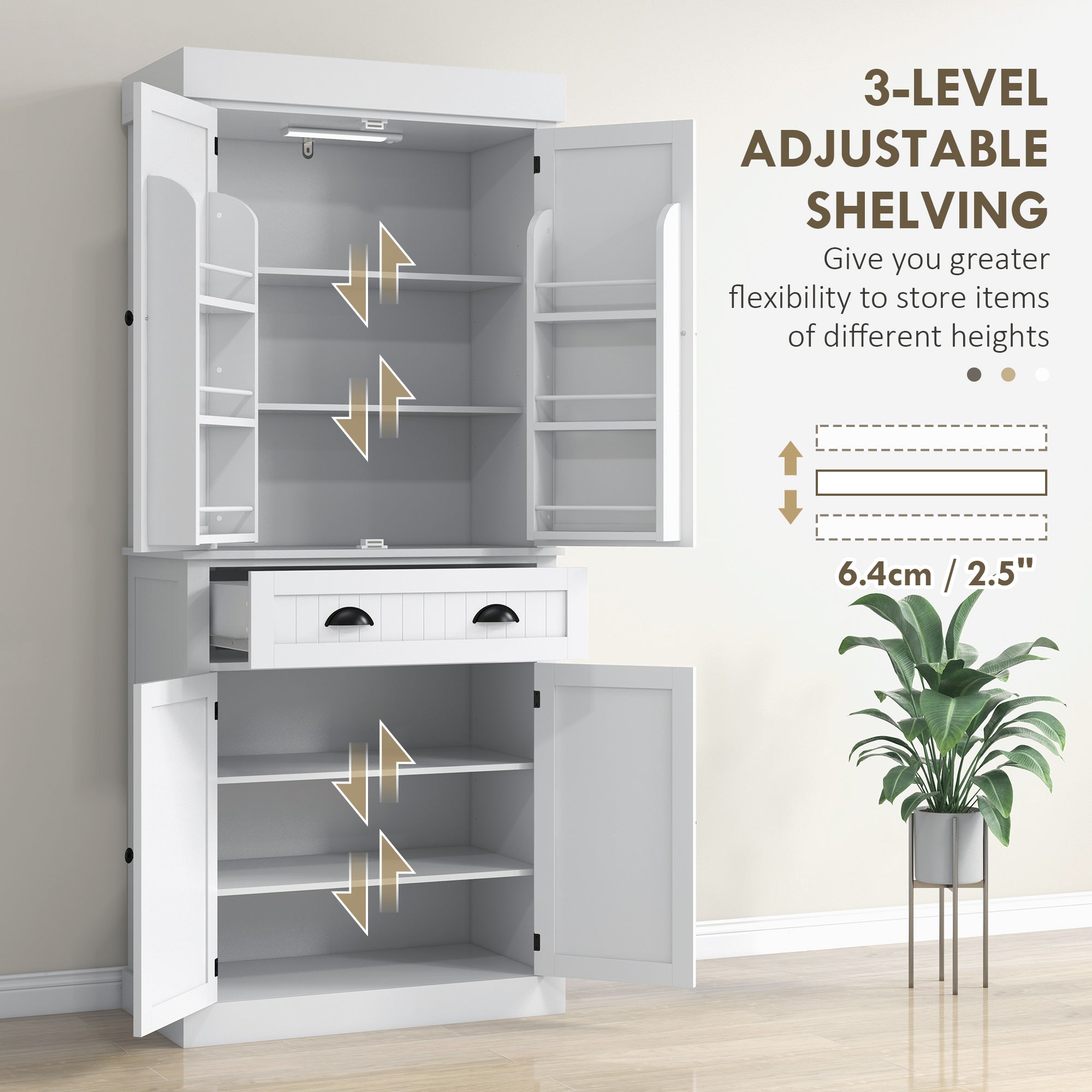 71" Kitchen Pantry Cabinet with LED Lights, 6 Door Shelves, a Drawer and 4 Adjustable Shelves, White - HOMCOM