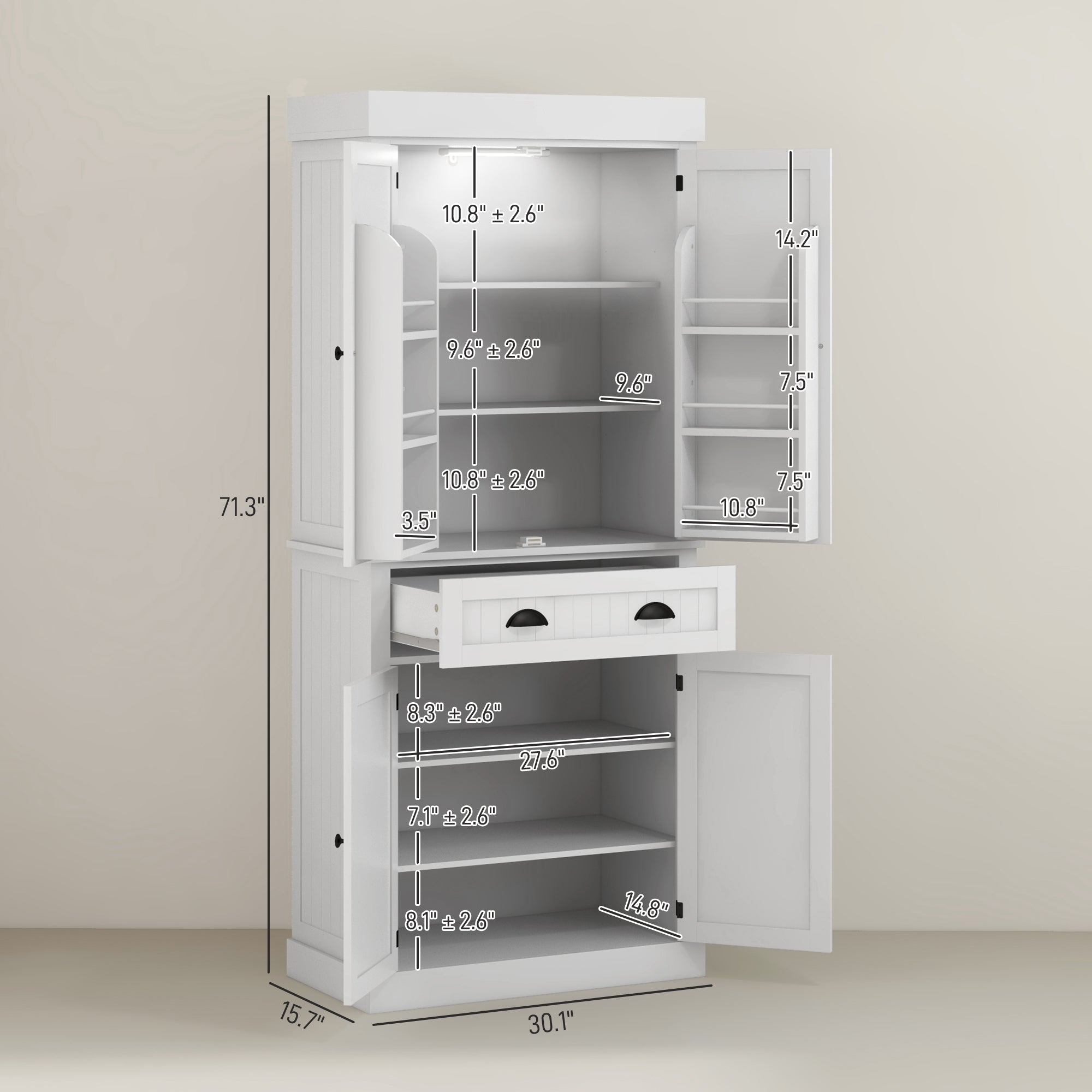 71" Kitchen Pantry Cabinet with LED Lights, 6 Door Shelves, a Drawer and 4 Adjustable Shelves, White - HOMCOM