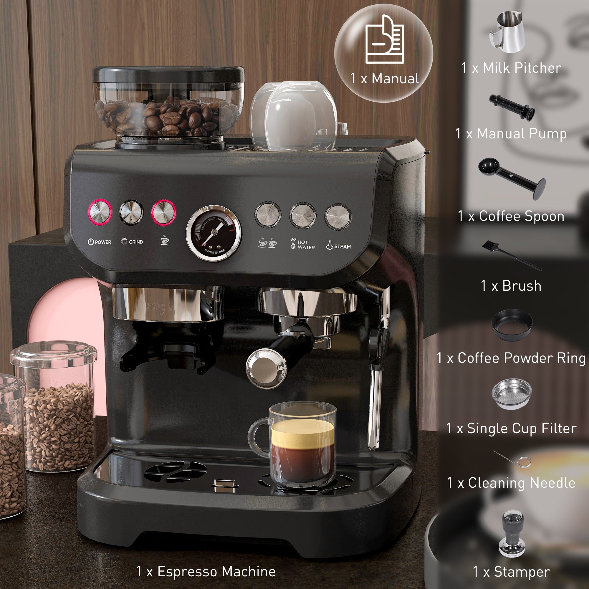 Espresso Machine 15 Bar, Coffee Maker with Milk Frother, Fast Heating, Adjustable Temp, Grinder, Removable Water Tank for Barista Level, Espresso, Latte, Cappuccino, Black
