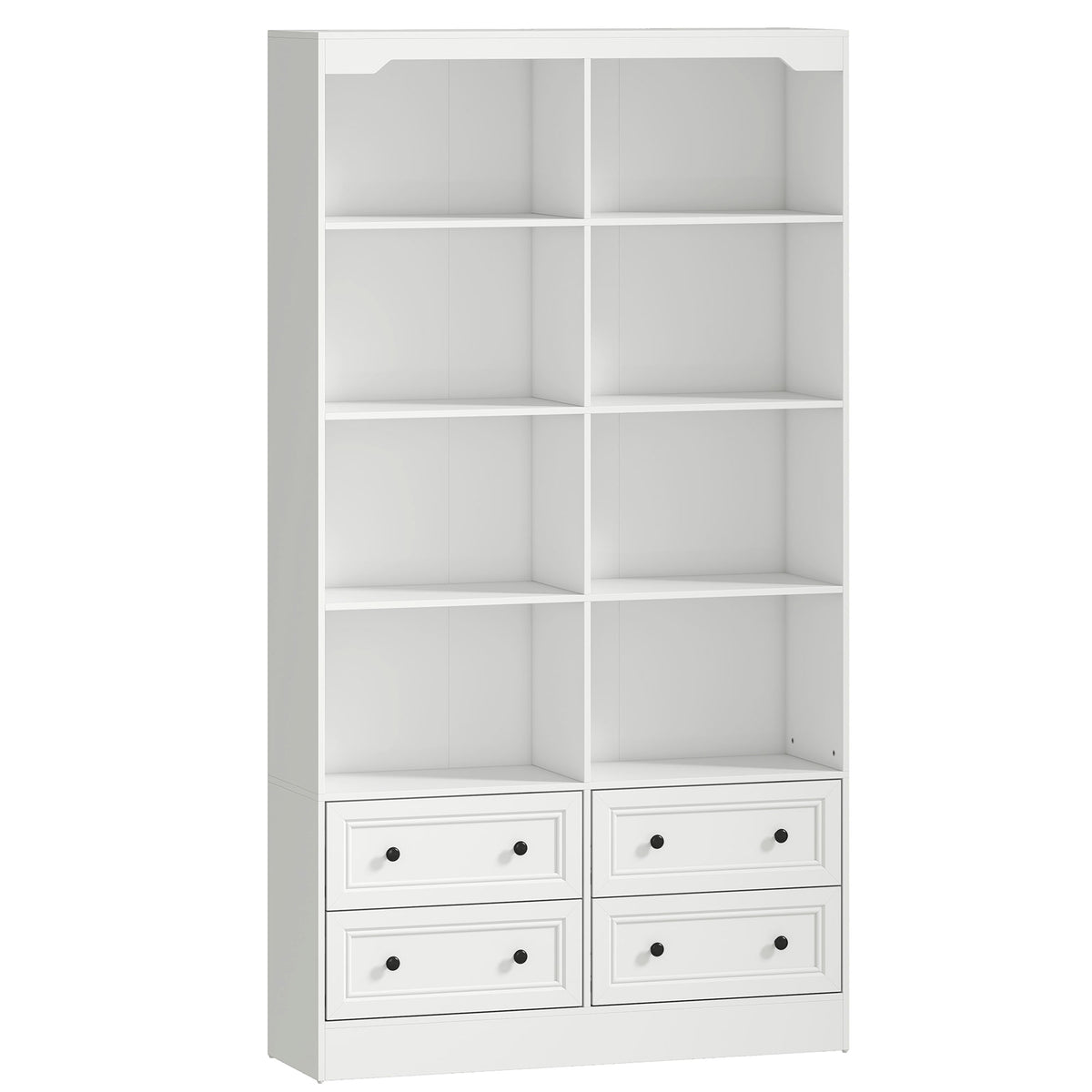 Bookshelf with 8 Cubbies and 4 Drawers, 5-Tier Double Wide Bookcase, Tall Bookcase with Storage, Standing Book Cabinet for Home Office, White