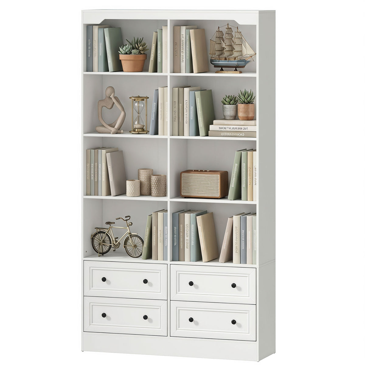 Bookshelf with 8 Cubbies and 4 Drawers, 5-Tier Double Wide Bookcase, Tall Bookcase with Storage, Standing Book Cabinet for Home Office, White