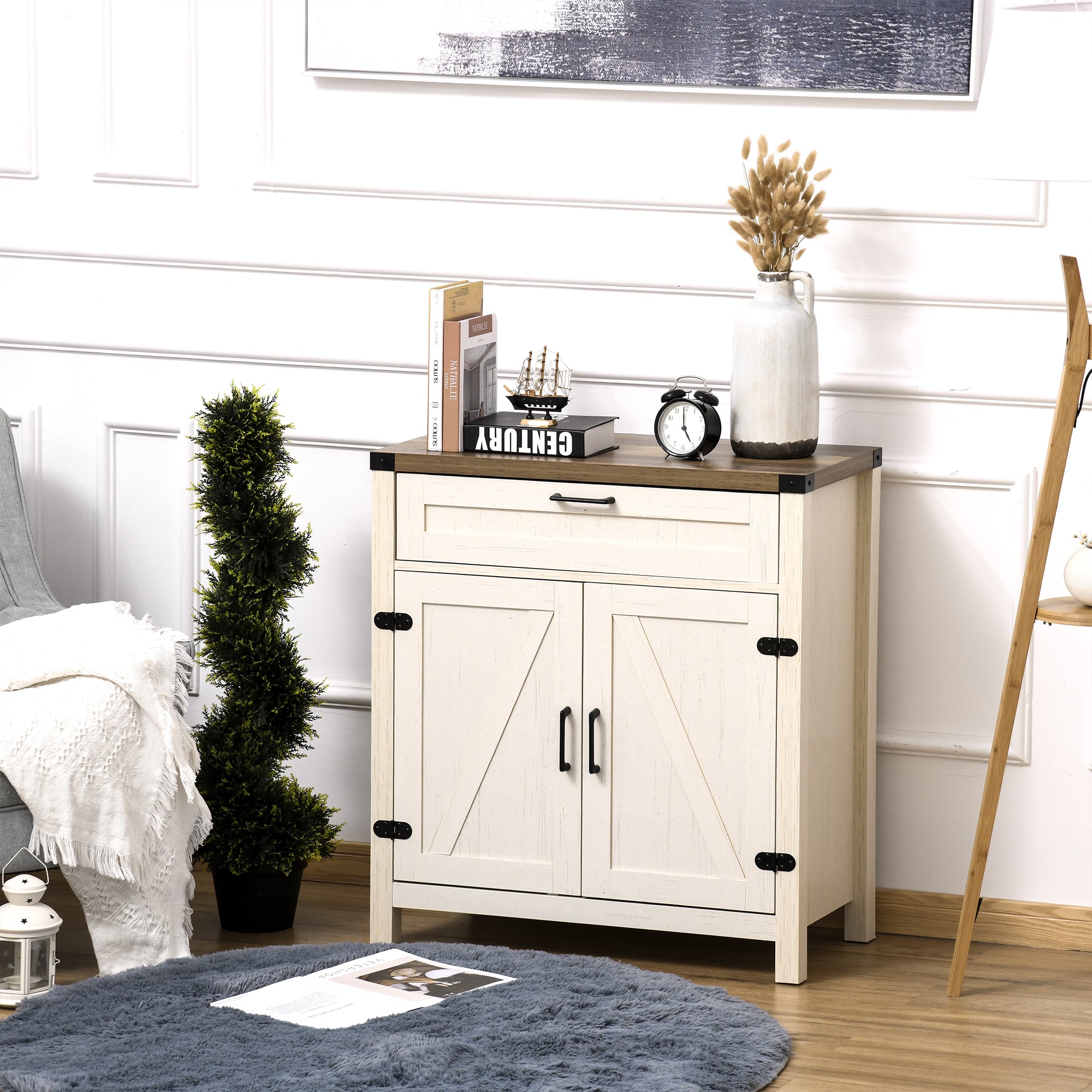 Farmhouse Sideboard, Storage Buffet Cabinet w/ 2 Barn Doors & Drawer, Distressed White - HOMCOM
