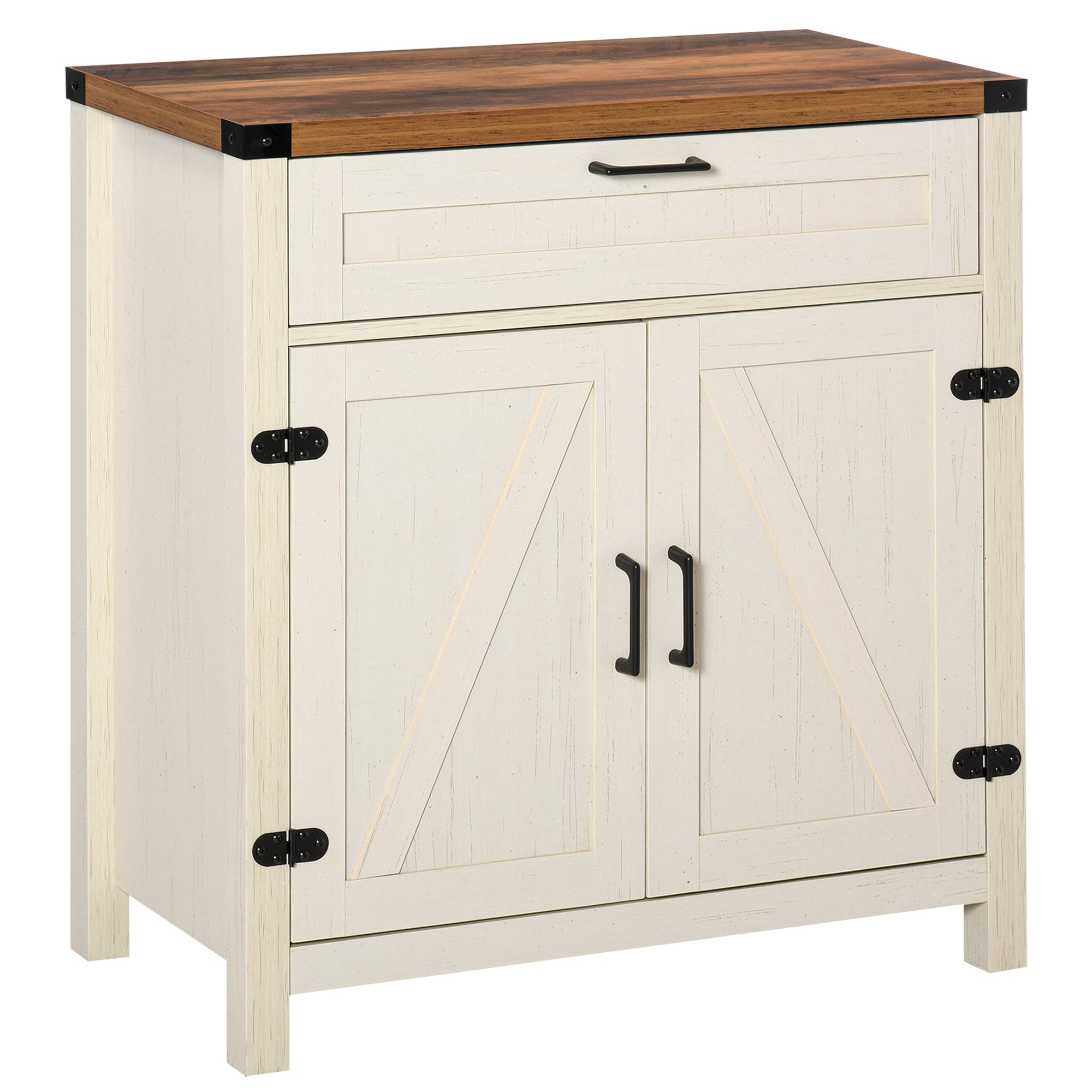 Farmhouse Sideboard, Storage Buffet Cabinet w/ 2 Barn Doors & Drawer, Distressed White