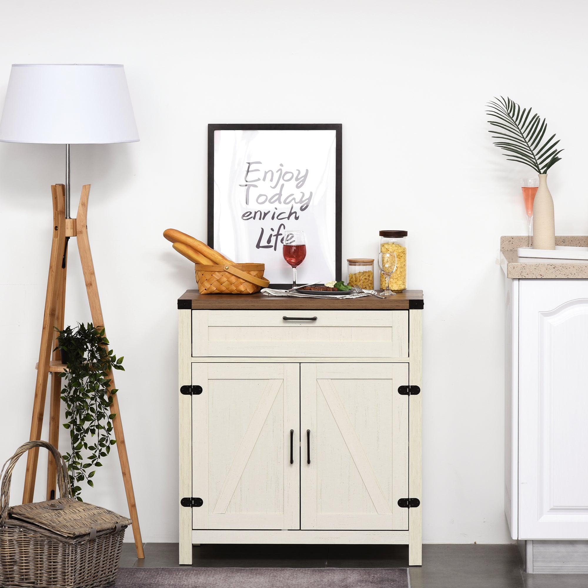 Farmhouse Sideboard, Storage Buffet Cabinet w/ 2 Barn Doors & Drawer, Distressed White - HOMCOM