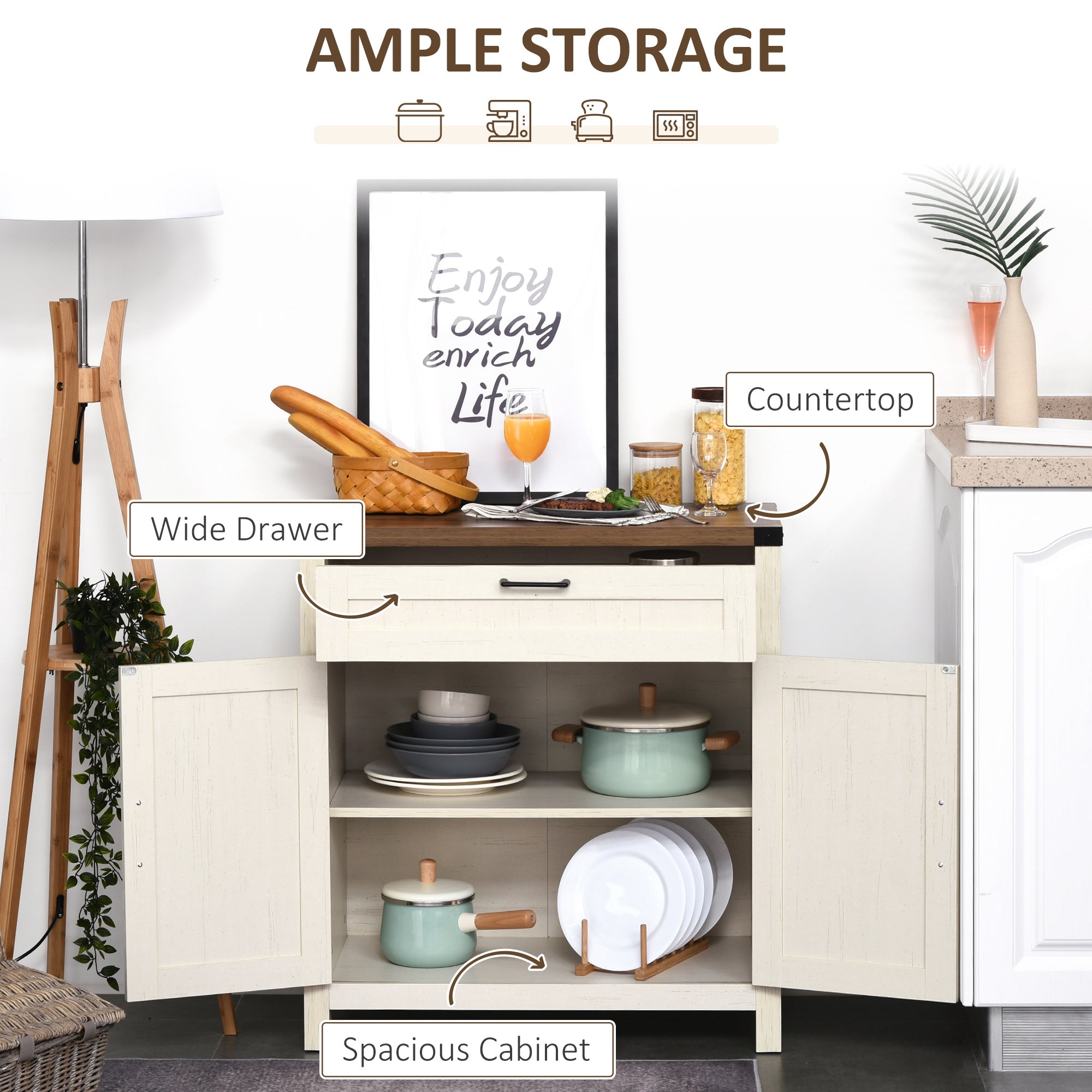 Farmhouse Sideboard, Storage Buffet Cabinet w/ 2 Barn Doors & Drawer, Distressed White - HOMCOM
